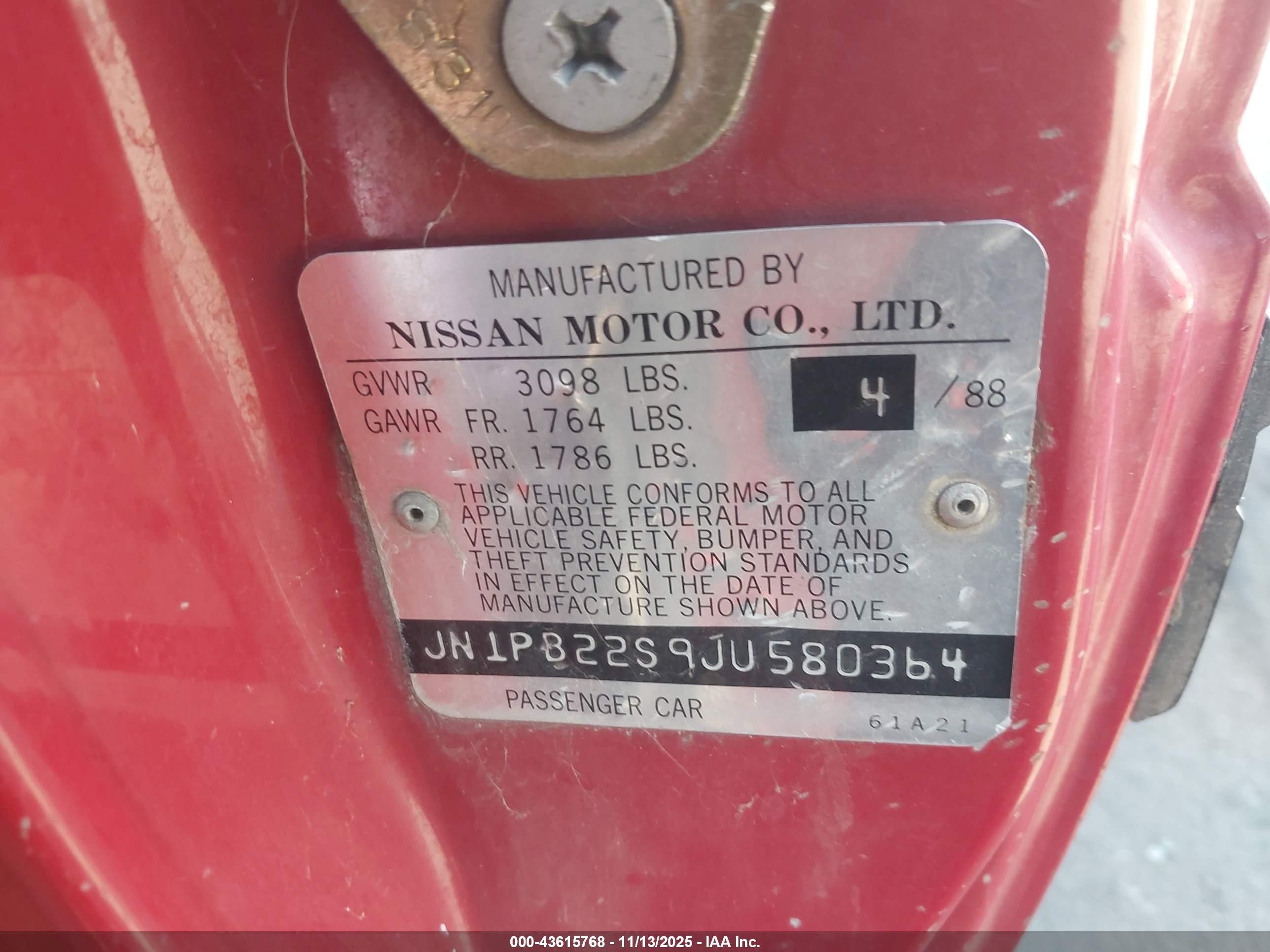 1988 Nissan Sentra   Red vin: JN1PB22S9JU580364