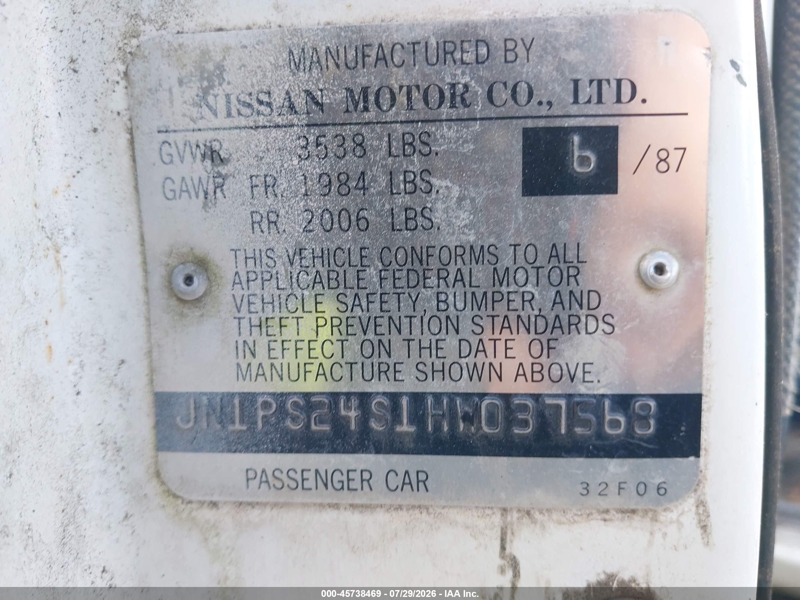 1987 Nissan 200sx   White vin: JN1PS24S1HW037568