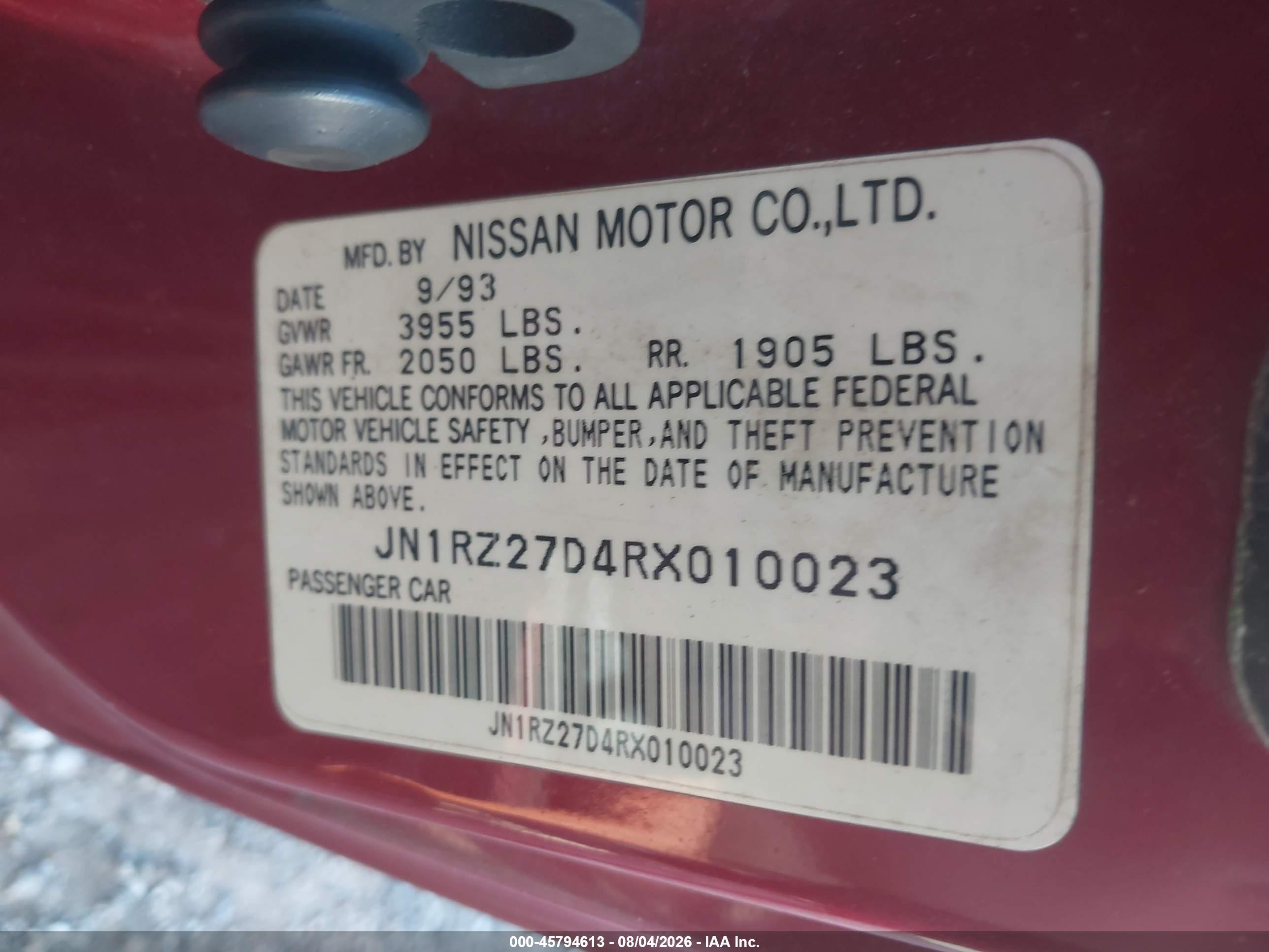 1994 Nissan 300zx Красный vin: JN1RZ27D4RX010023