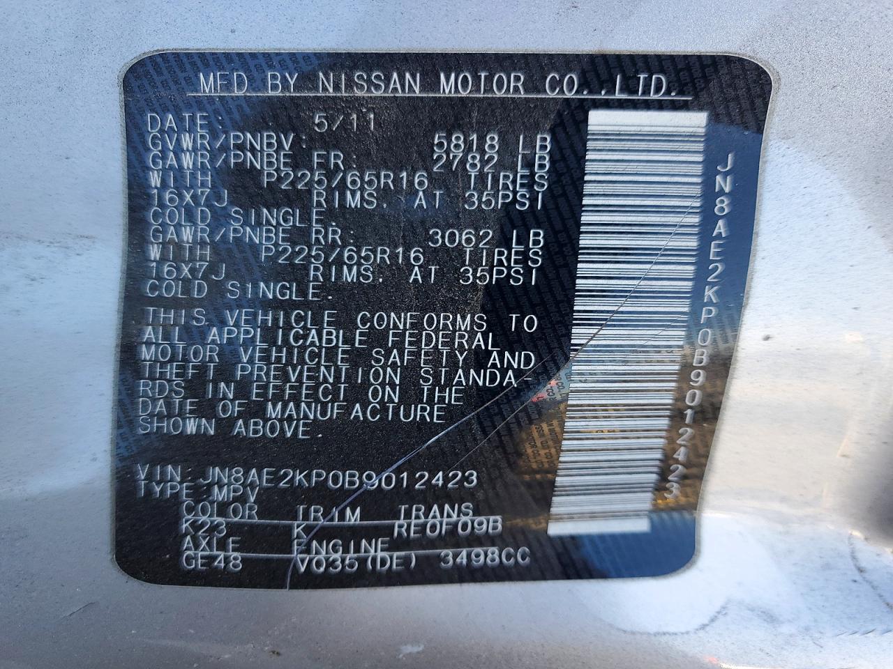 2011 Nissan Quest S Silver vin: JN8AE2KP0B9012423
