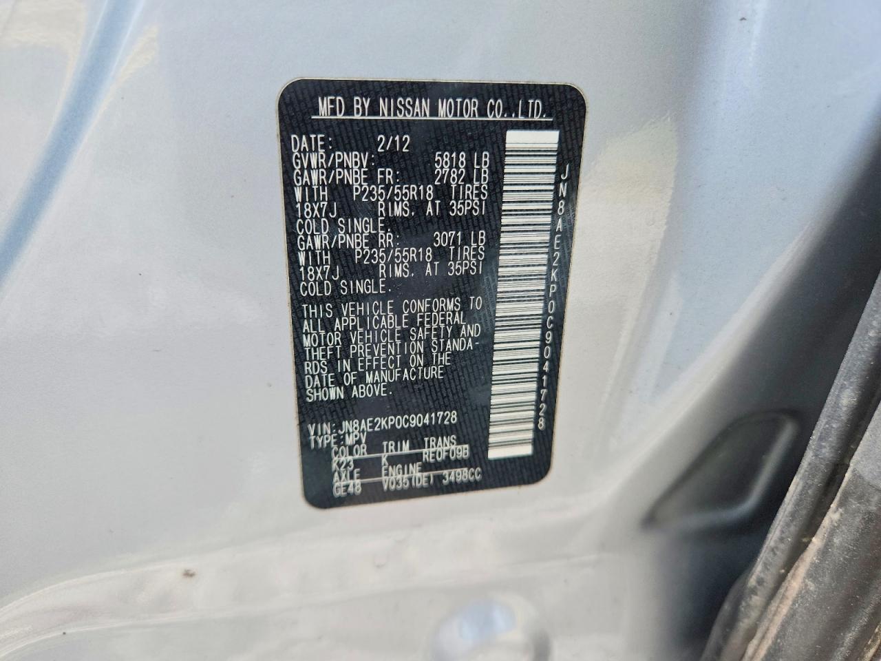 2012 Nissan Quest 3.5 S Silver vin: JN8AE2KP0C9041728