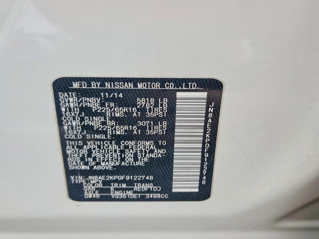 2015 Nissan Quest 3.5 Sv White vin: JN8AE2KP0F9122748
