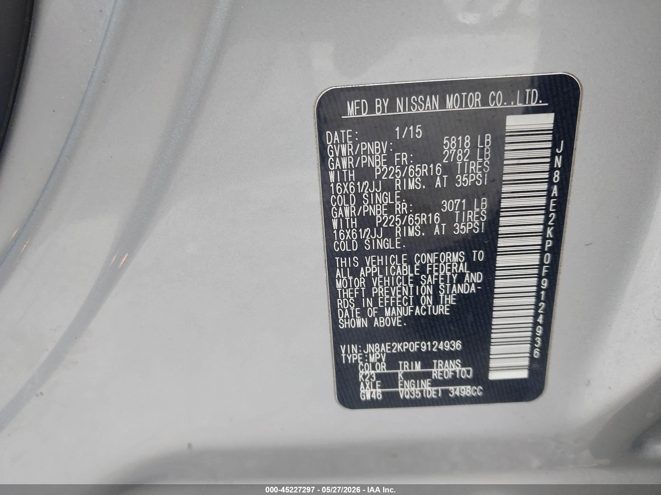 2015 Nissan Quest S Silver vin: JN8AE2KP0F9124936