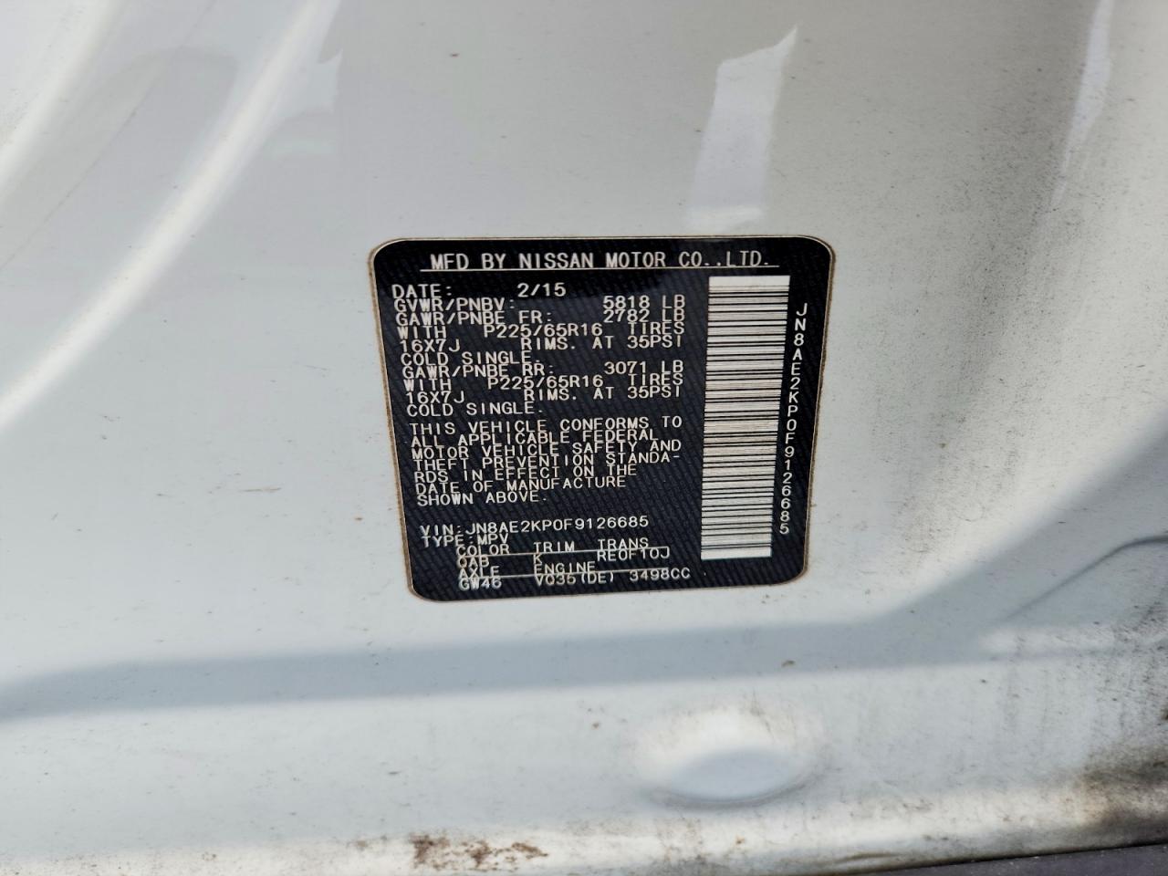 2015 Nissan Quest 3.5 Sv White vin: JN8AE2KP0F9126685