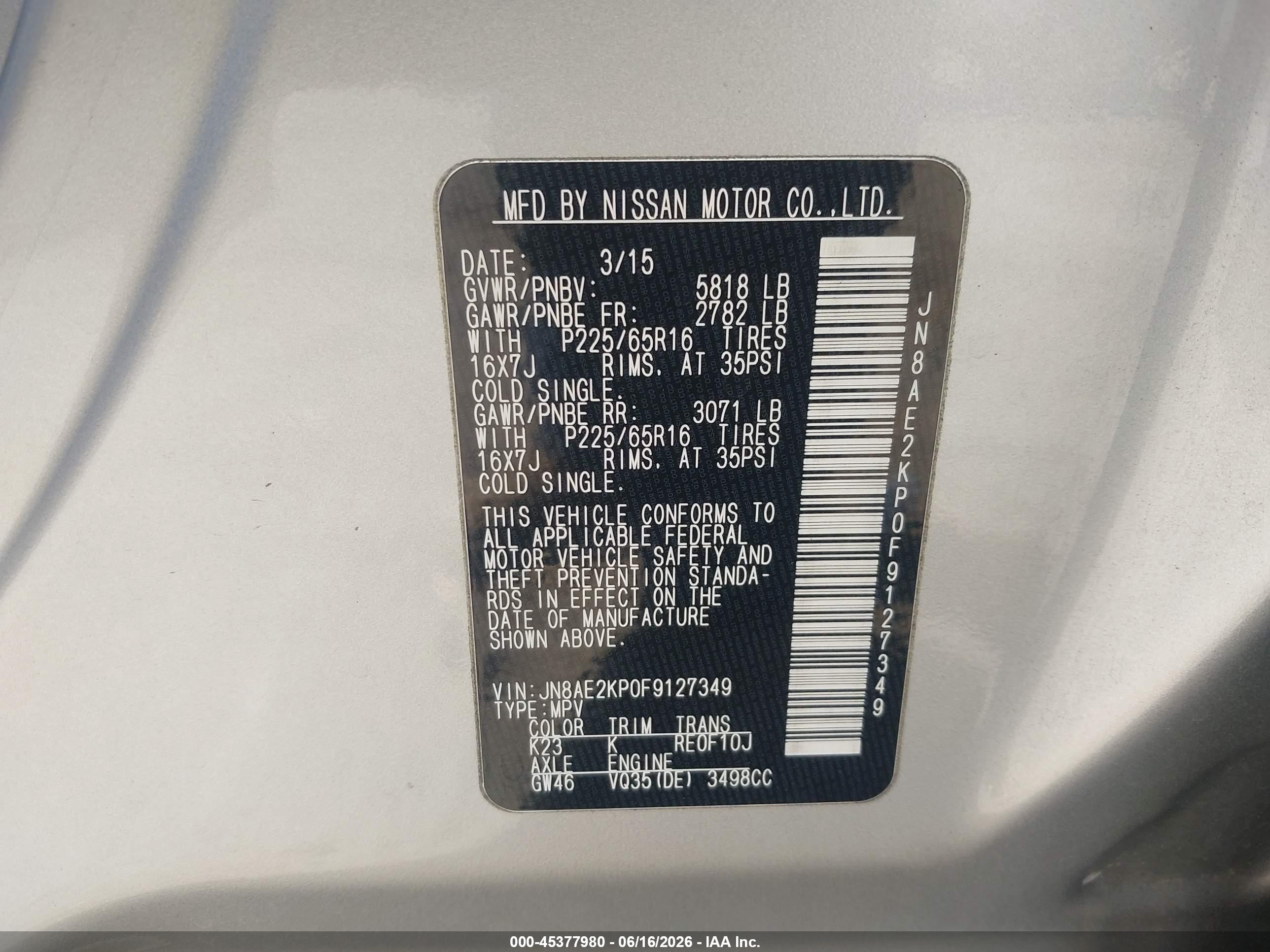2015 Nissan Quest Platinum/s/sl/sv Silver vin: JN8AE2KP0F9127349