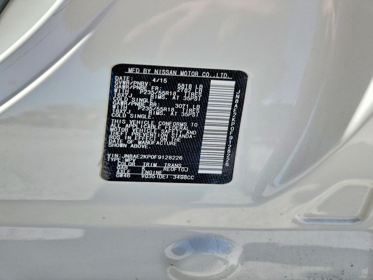 2015 Nissan Quest 3.5 Platinum White vin: JN8AE2KP0F9128226