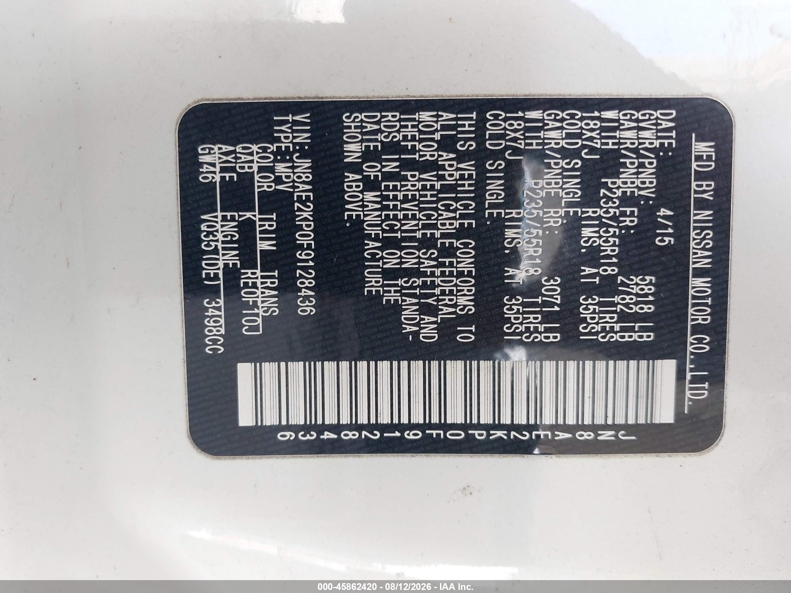 2015 Nissan Quest Platinum Белый vin: JN8AE2KP0F9128436
