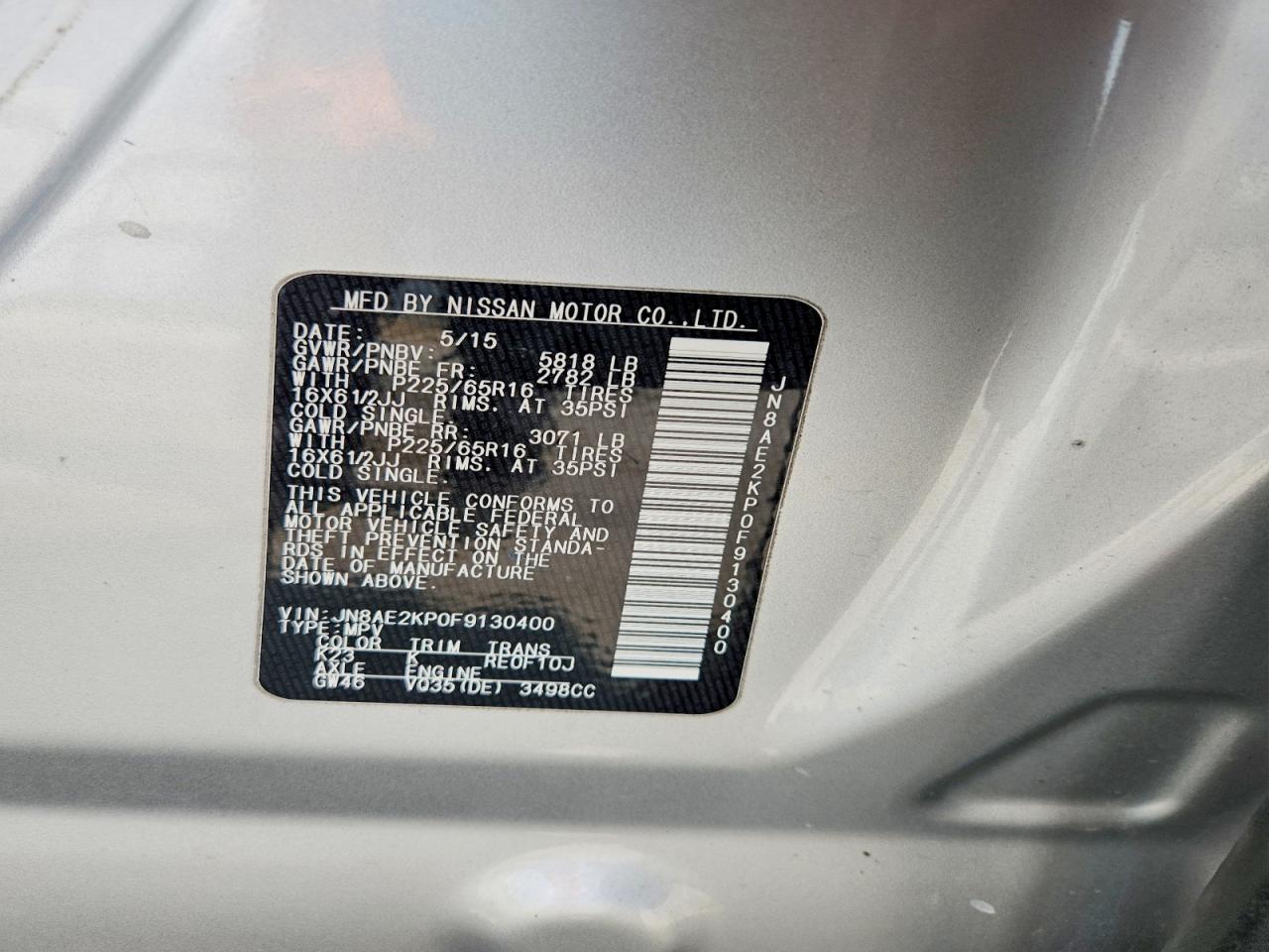 2015 Nissan Quest 3.5 S Silver vin: JN8AE2KP0F9130400