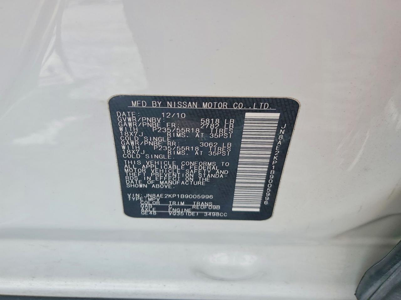 2011 Nissan Quest 3.5 S White vin: JN8AE2KP1B9005996