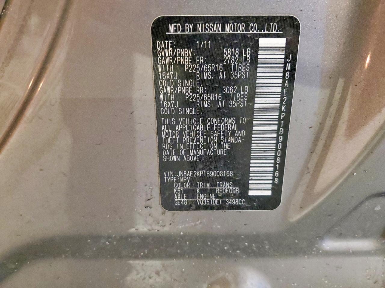 2011 Nissan Quest 3.5 S Gray vin: JN8AE2KP1B9008168