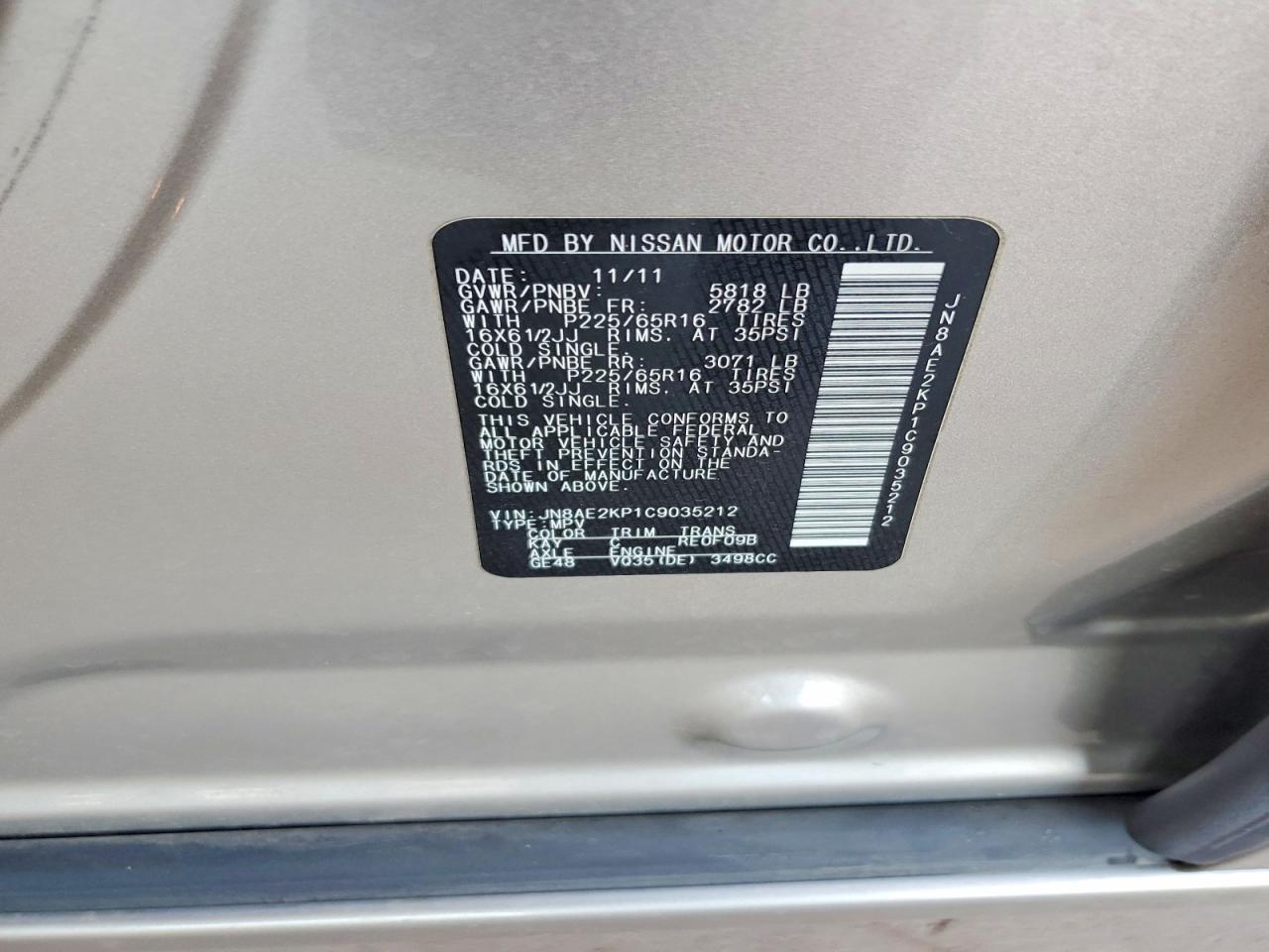 2012 Nissan Quest 3.5 S Silver vin: JN8AE2KP1C9035212
