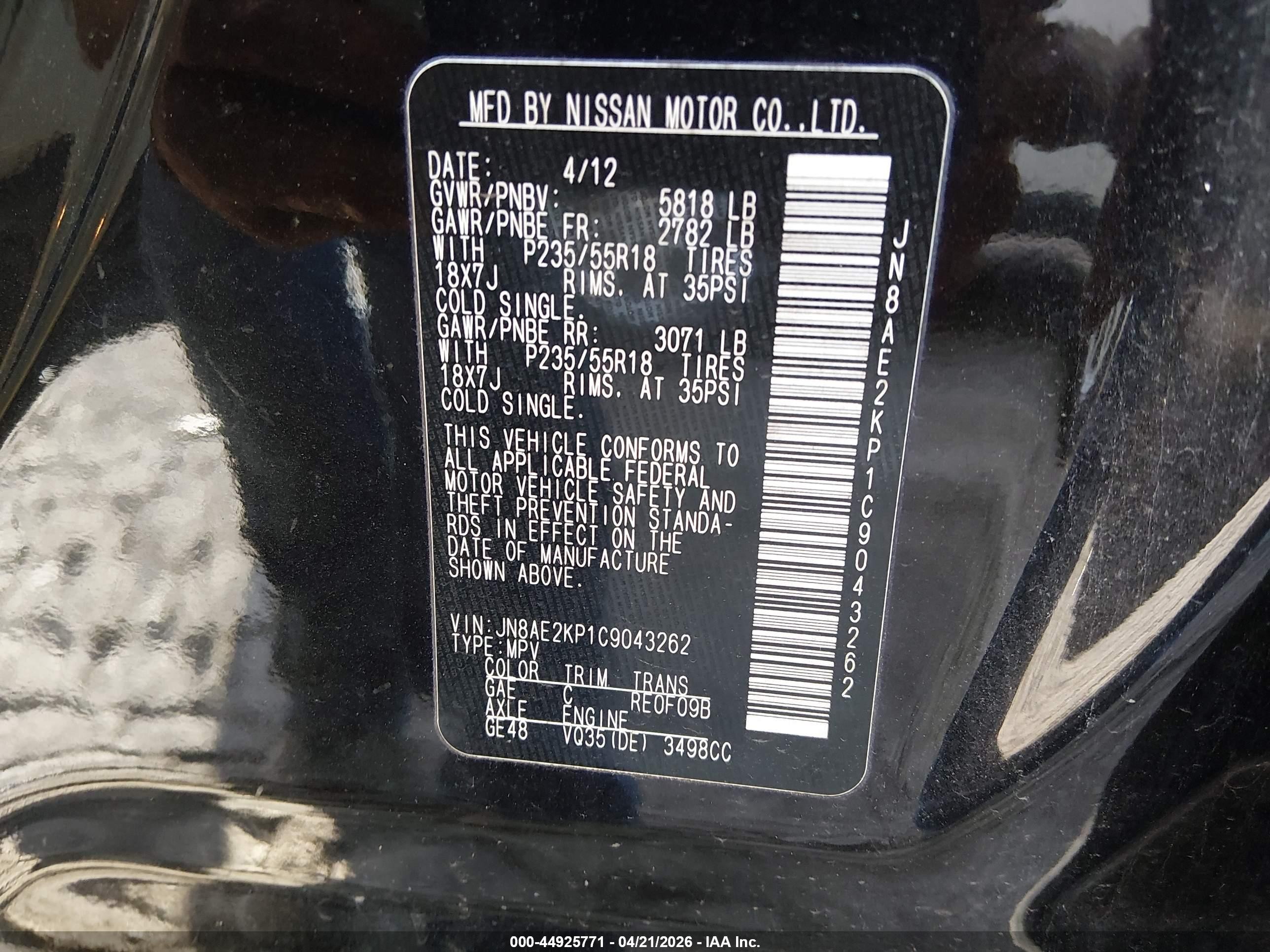 2012 Nissan Quest Sl Black vin: JN8AE2KP1C9043262