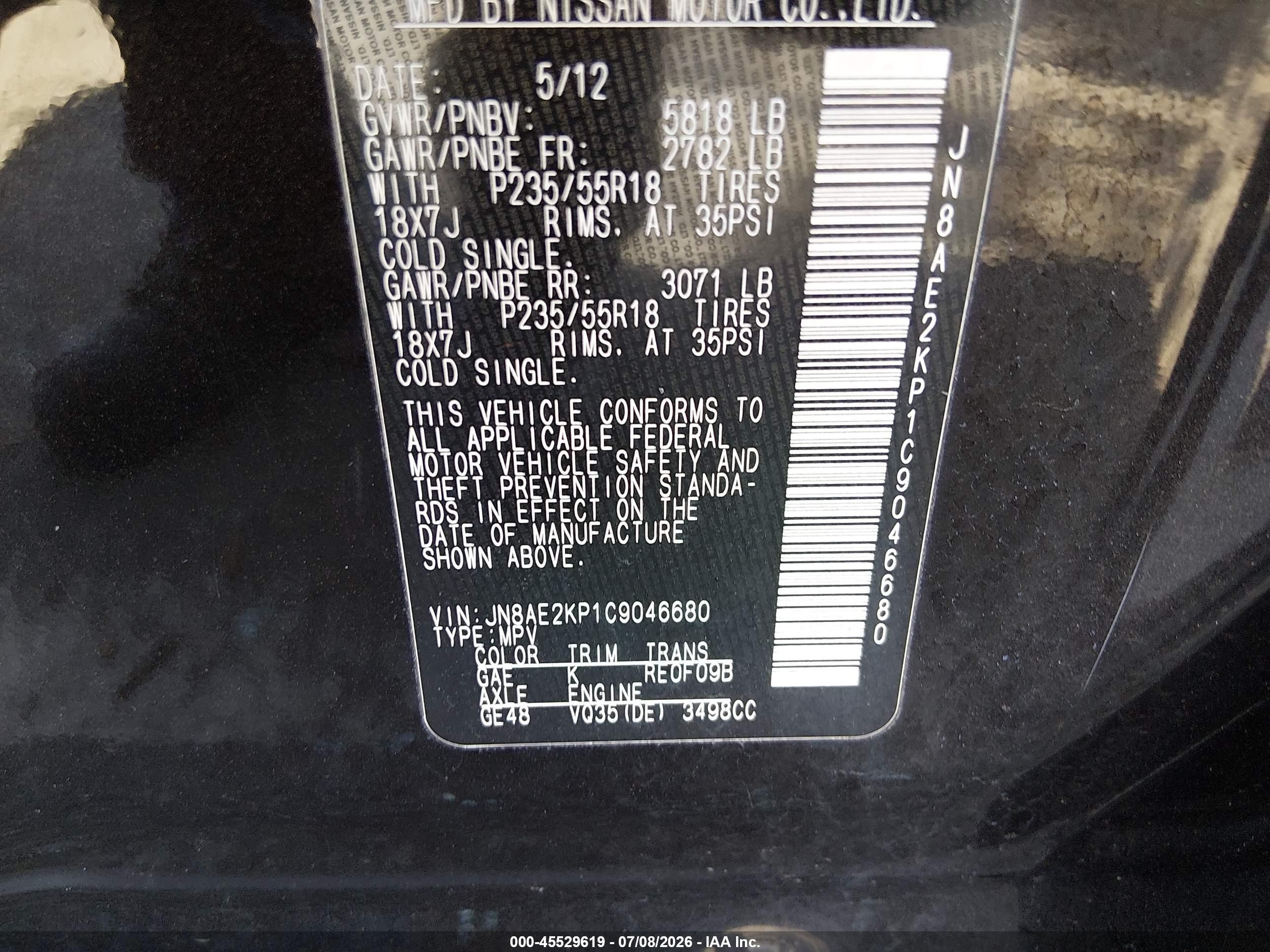 2012 Nissan Quest Le Black vin: JN8AE2KP1C9046680