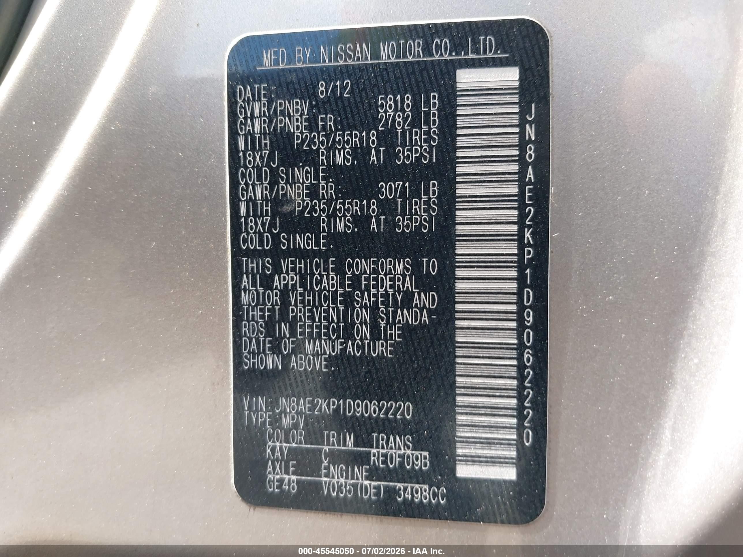 2013 Nissan Quest Sl Gold vin: JN8AE2KP1D9062220