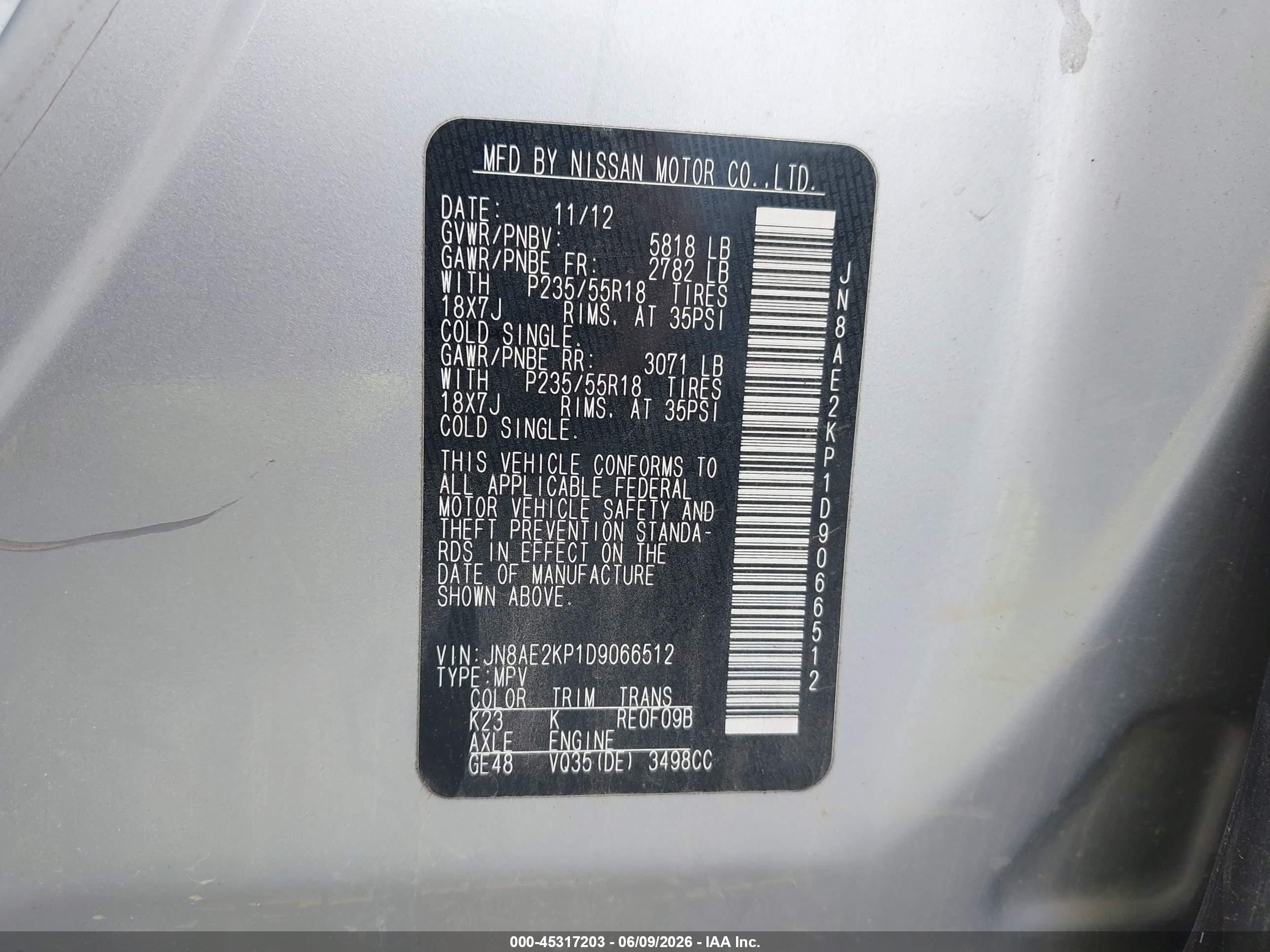 2013 Nissan Quest Le Silver vin: JN8AE2KP1D9066512