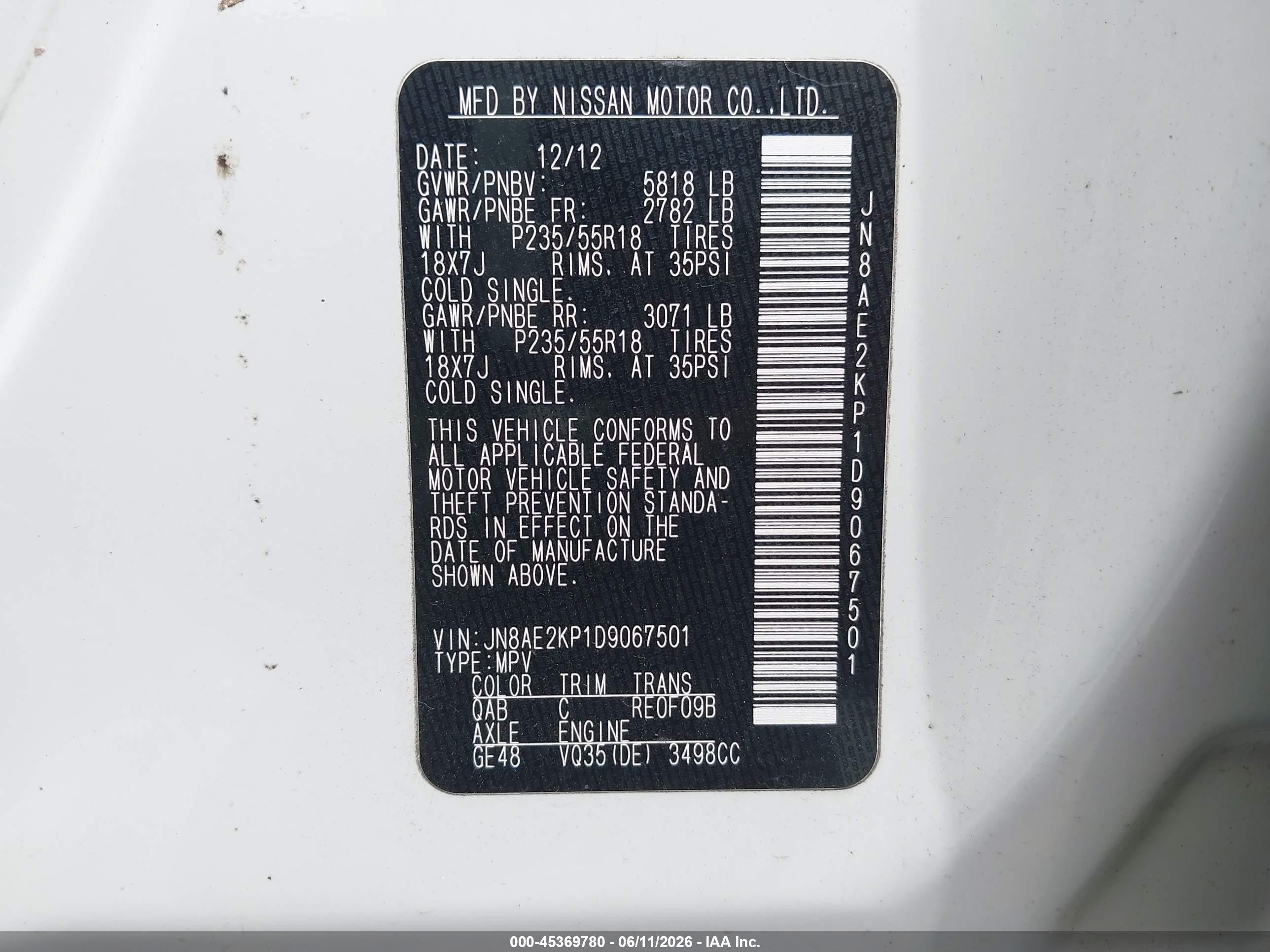 2013 Nissan Quest Sl White vin: JN8AE2KP1D9067501