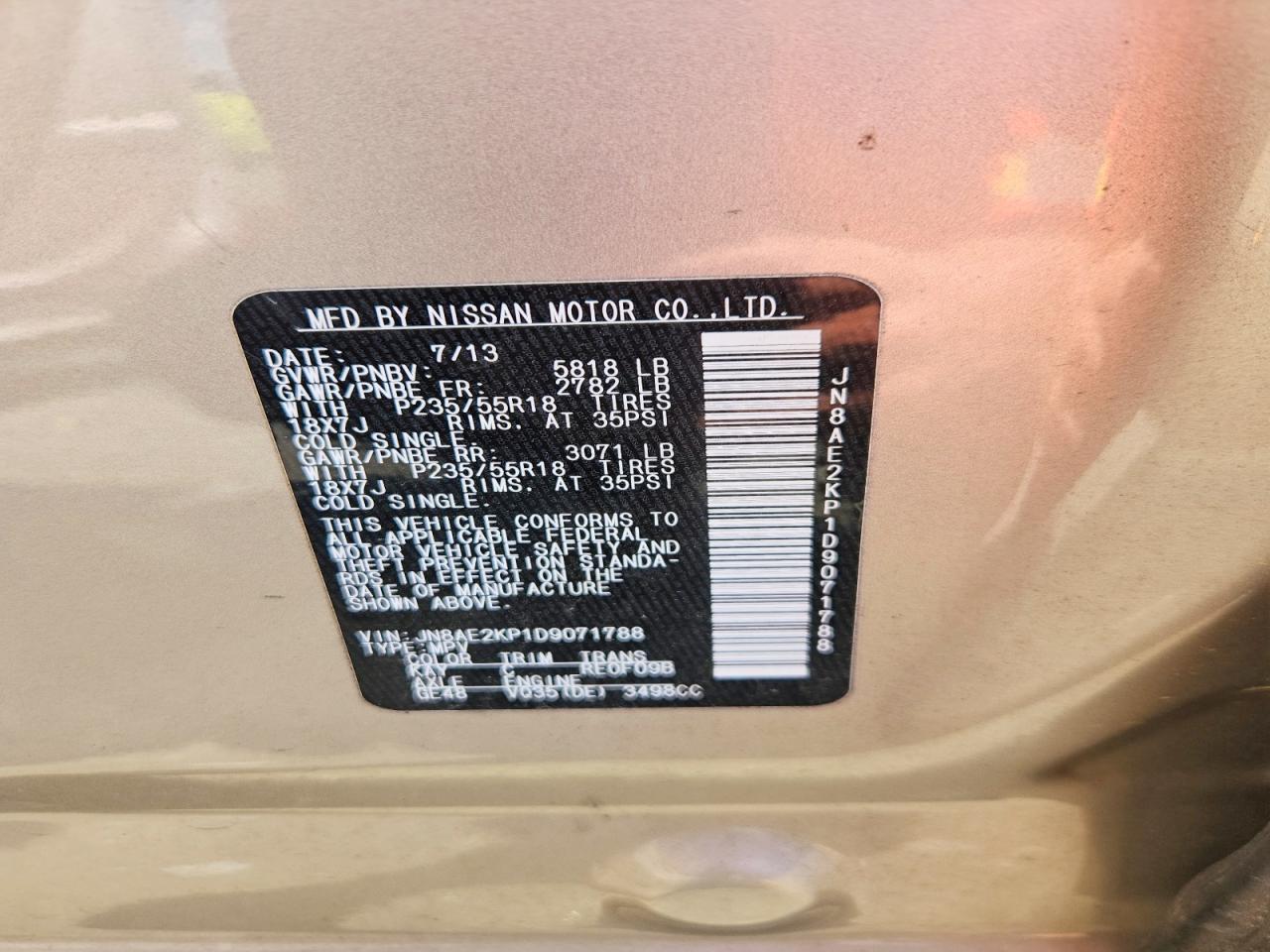 2013 Nissan Quest 3.5 S Beige vin: JN8AE2KP1D9071788