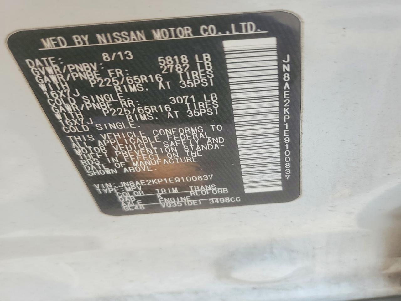 2014 Nissan Quest 3.5 Sv White vin: JN8AE2KP1E9100837