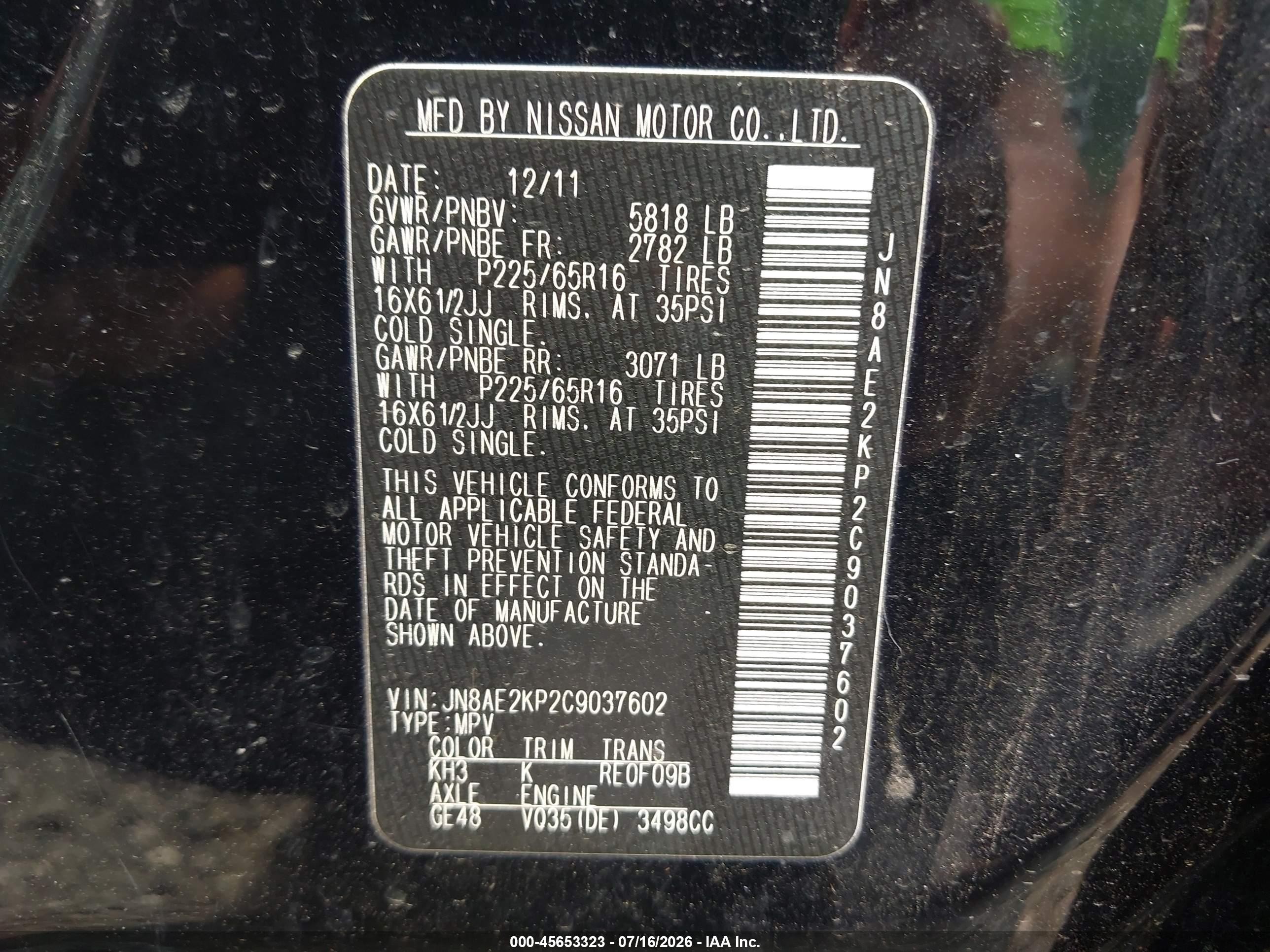 2012 Nissan Quest S Black vin: JN8AE2KP2C9037602