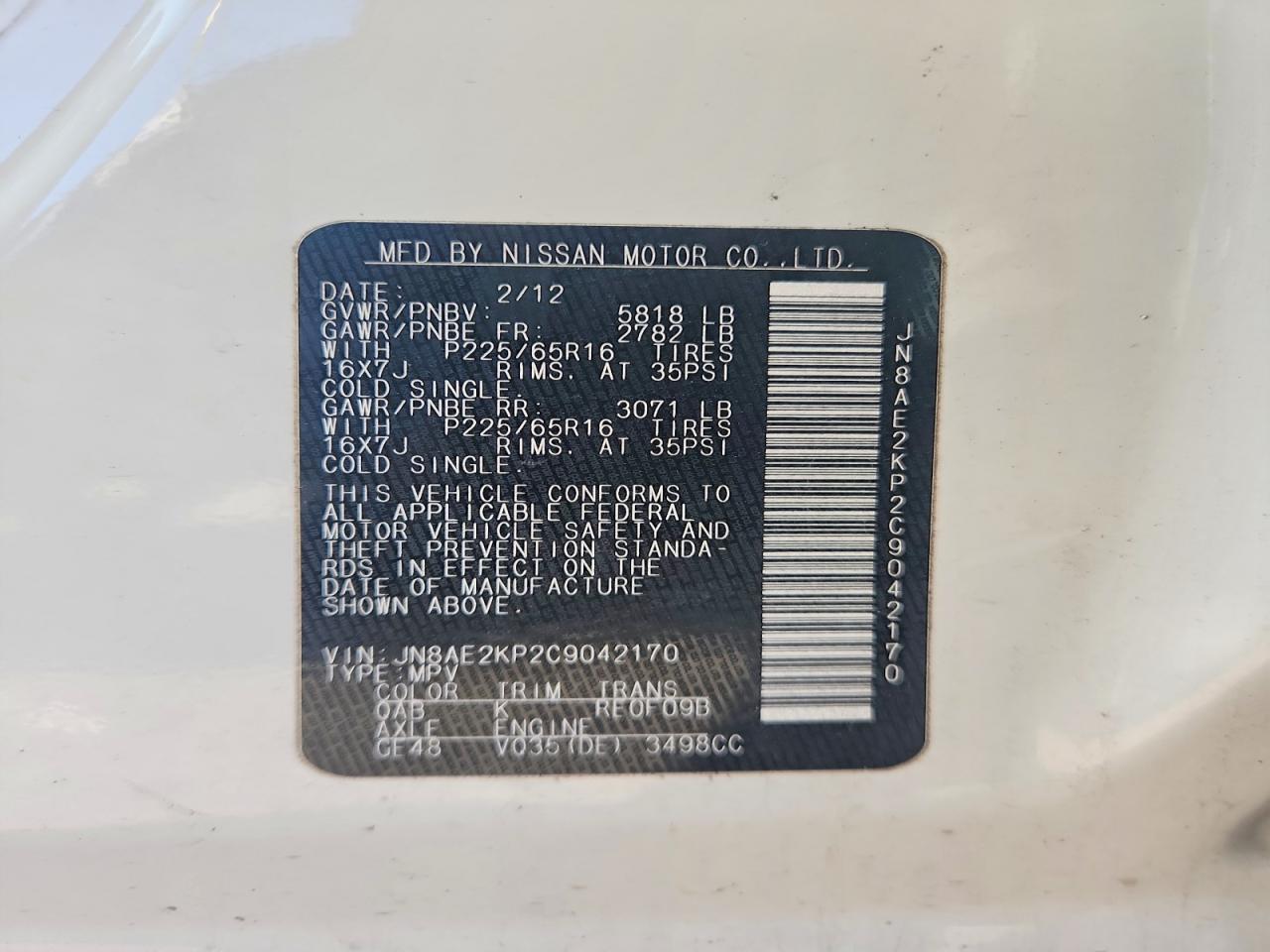 2012 Nissan Quest 3.5 S White vin: JN8AE2KP2C9042170
