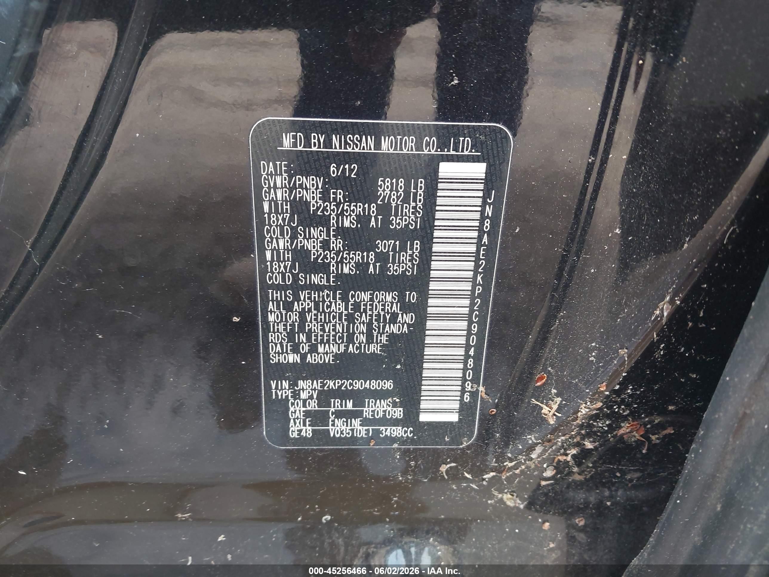 2012 Nissan Quest Le Black vin: JN8AE2KP2C9048096