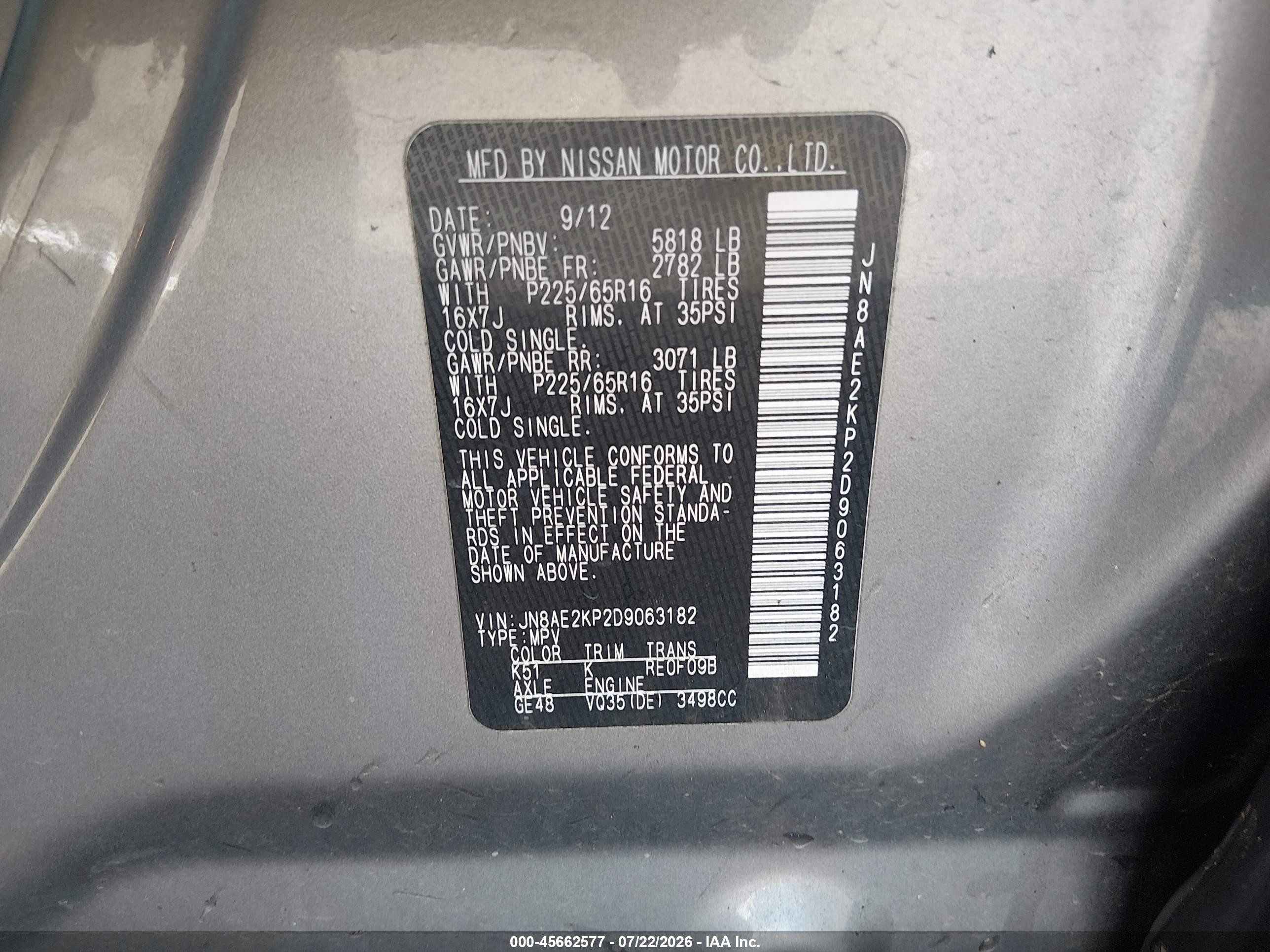 2013 Nissan Quest Sv Gray vin: JN8AE2KP2D9063182