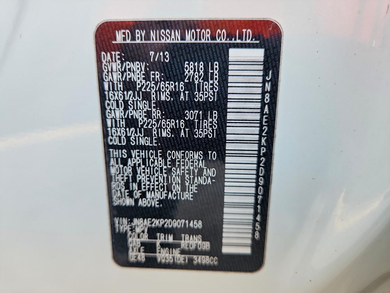 2013 Nissan Quest 3.5 S Белый vin: JN8AE2KP2D9071458