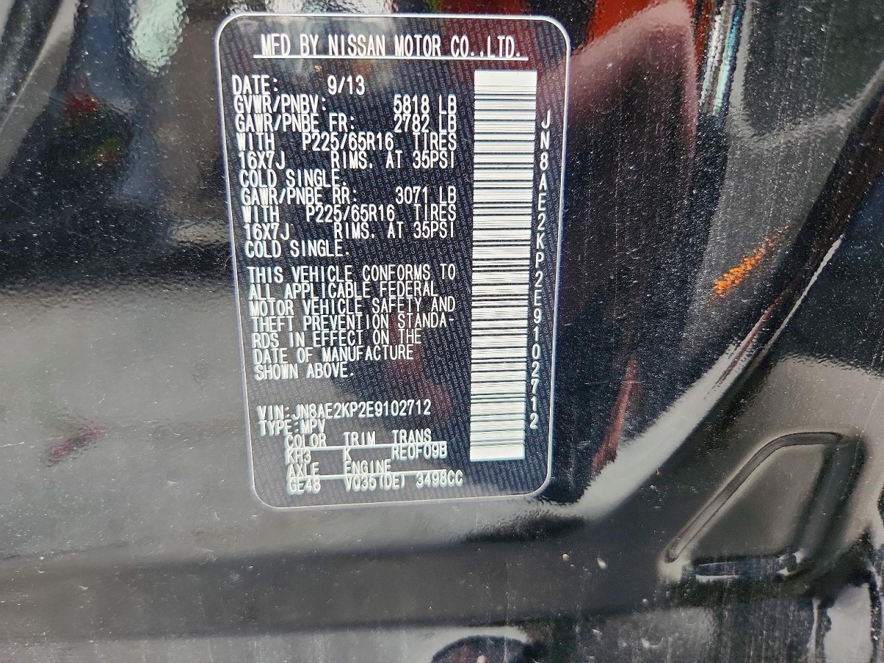 2014 Nissan Quest 3.5 Sv Black vin: JN8AE2KP2E9102712