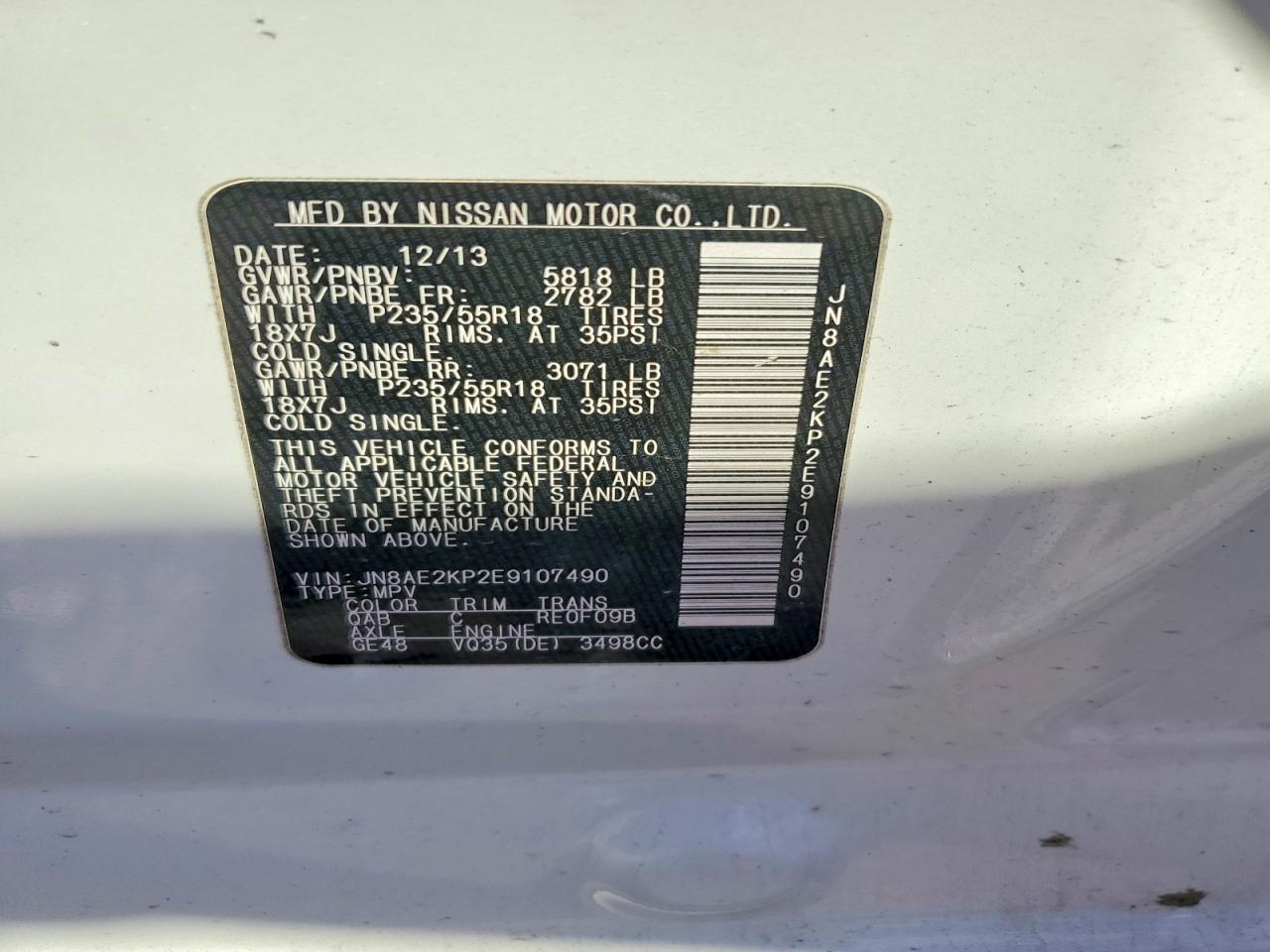 2014 Nissan Quest 3.5 Le White vin: JN8AE2KP2E9107490