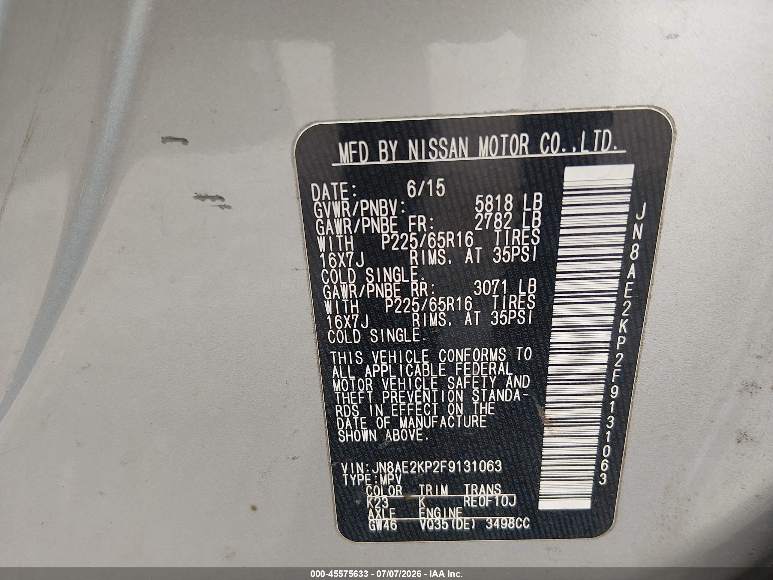 2015 Nissan Quest Sv Silver vin: JN8AE2KP2F9131063