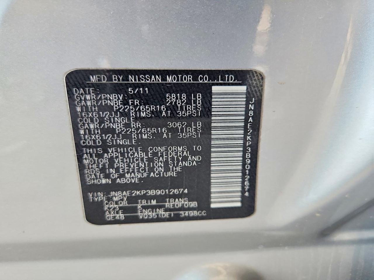 2011 Nissan Quest 3.5 S Silver vin: JN8AE2KP3B9012674