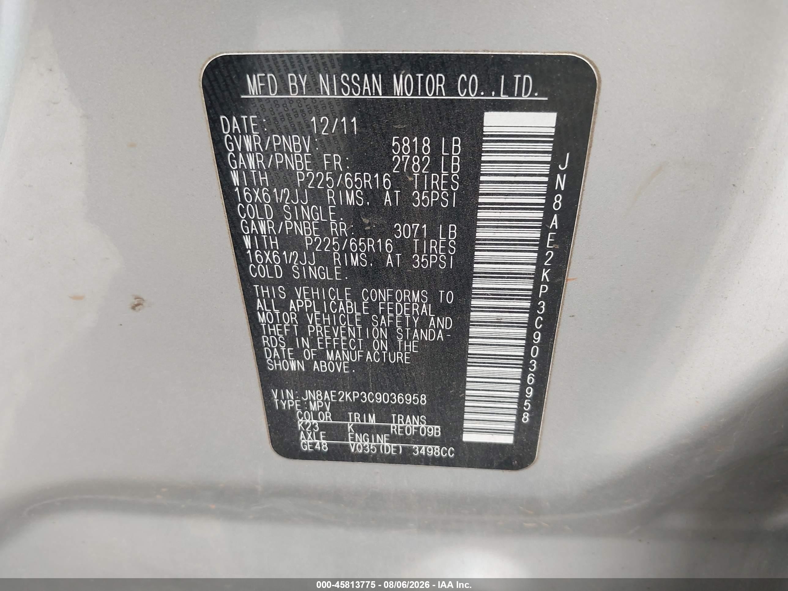 2012 Nissan Quest S Silver vin: JN8AE2KP3C9036958