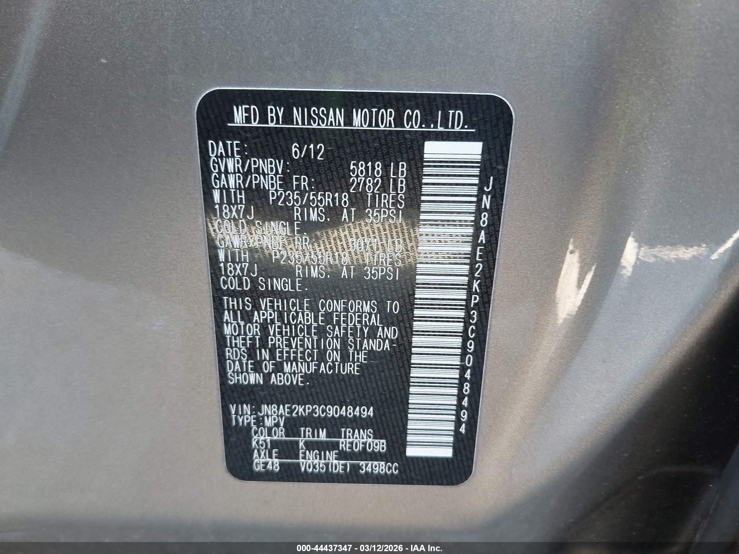 2012 Nissan Quest Sl Silver vin: JN8AE2KP3C9048494