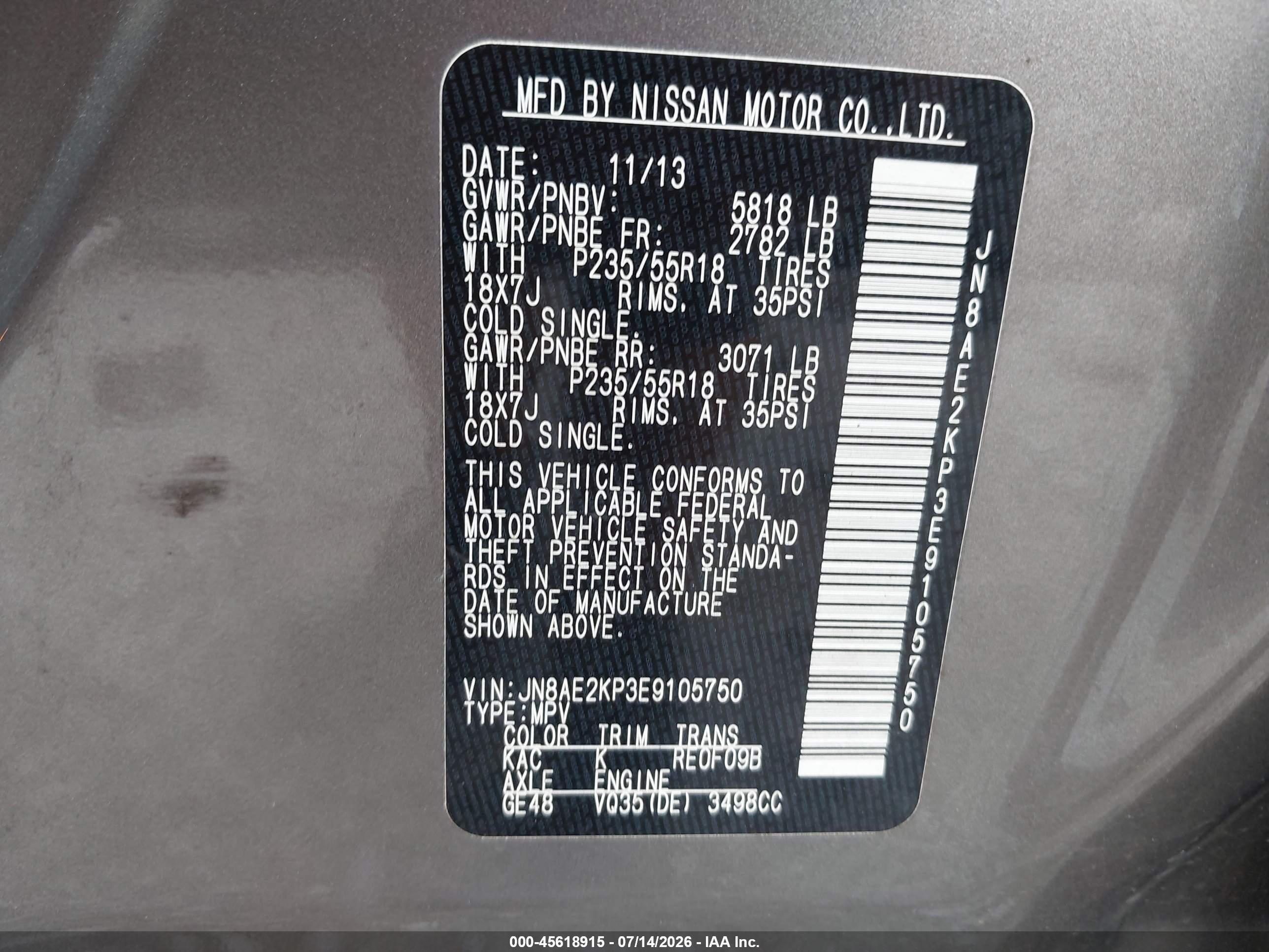 2014 Nissan Quest Sl Gray vin: JN8AE2KP3E9105750