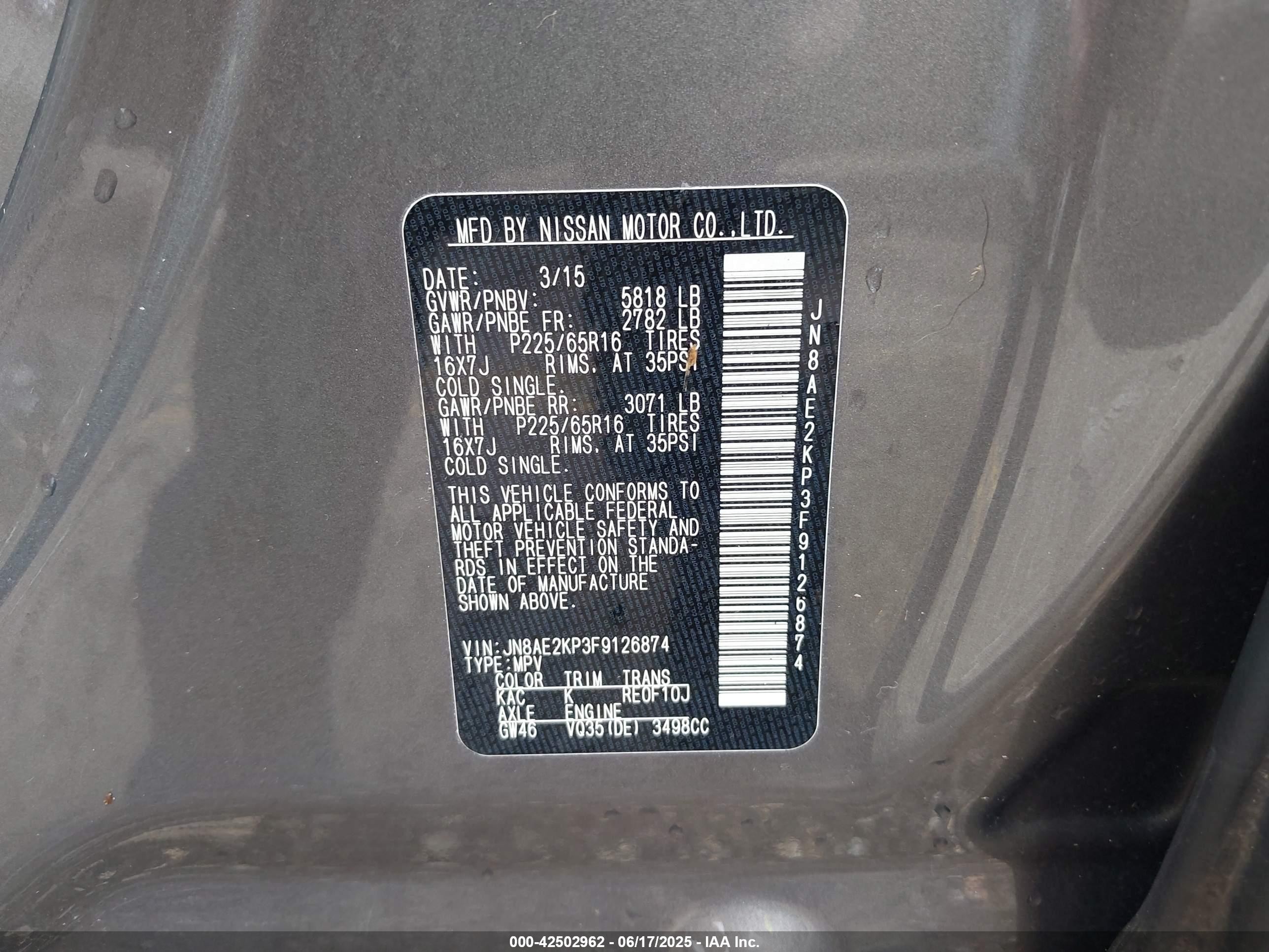 2015 Nissan Quest Platinum/s/sl/sv Gray vin: JN8AE2KP3F9126874