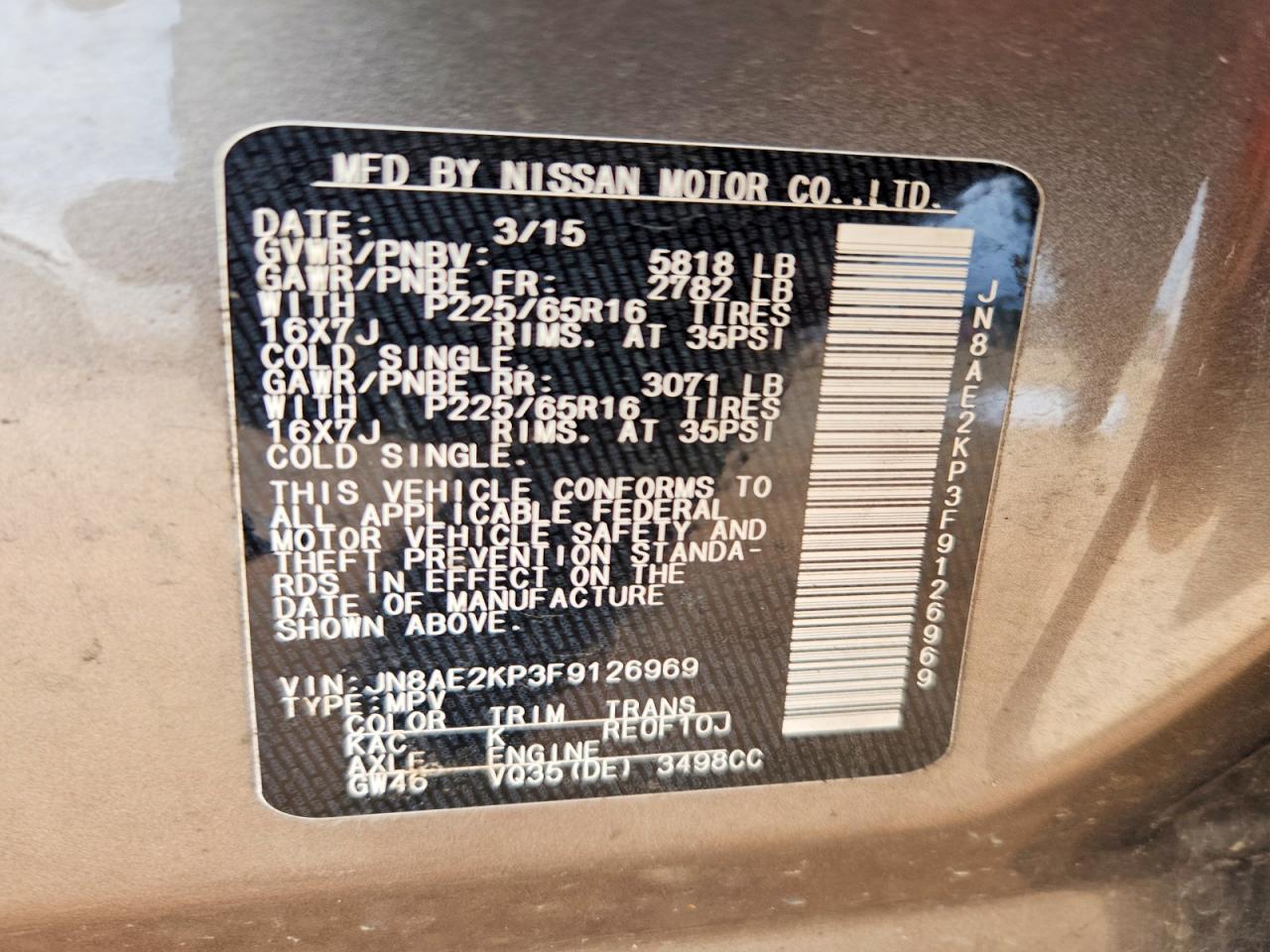 2015 Nissan Quest 3.5 Sv Gray vin: JN8AE2KP3F9126969