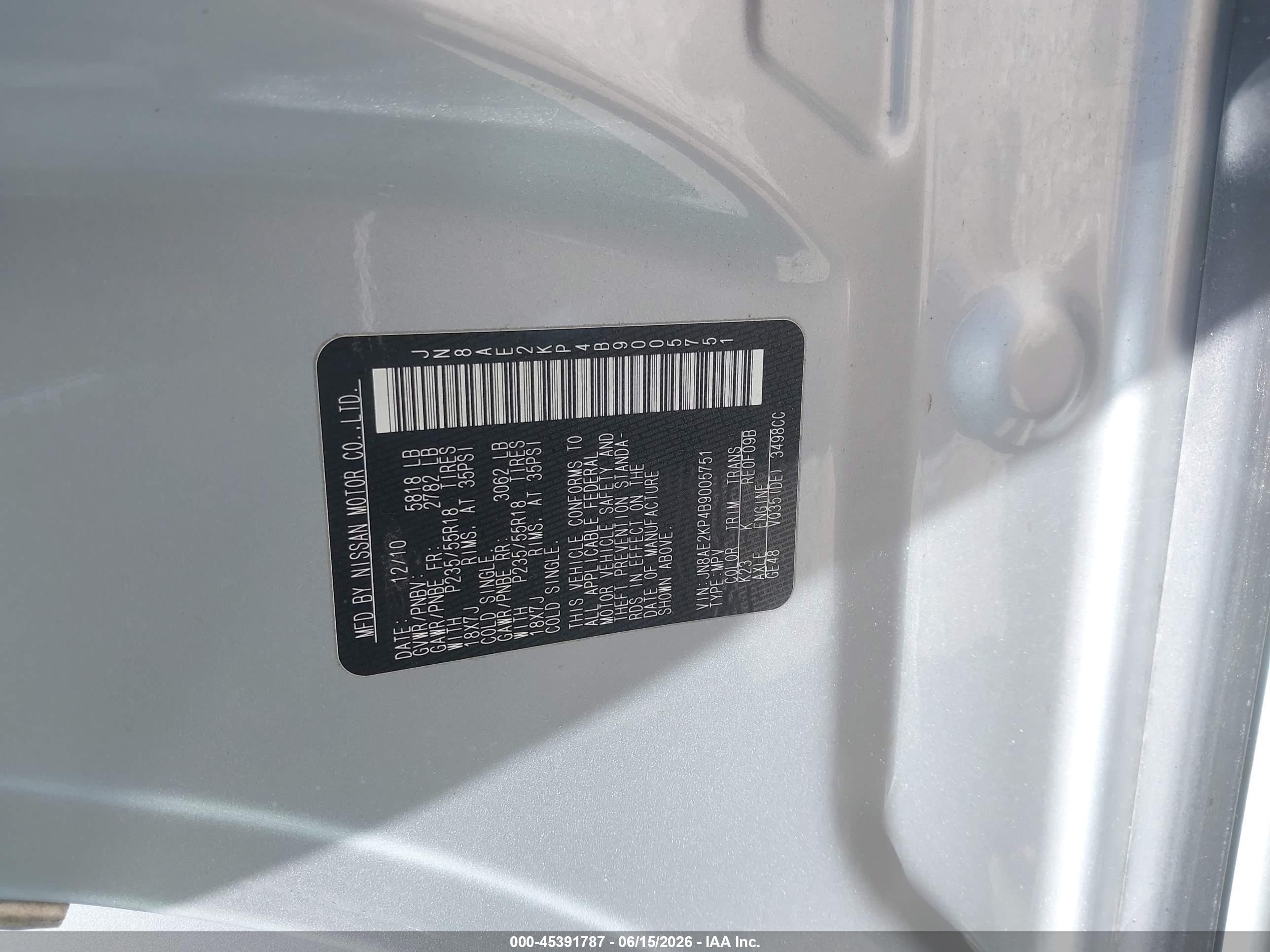 2011 Nissan Quest Le Серебряный vin: JN8AE2KP4B9005751