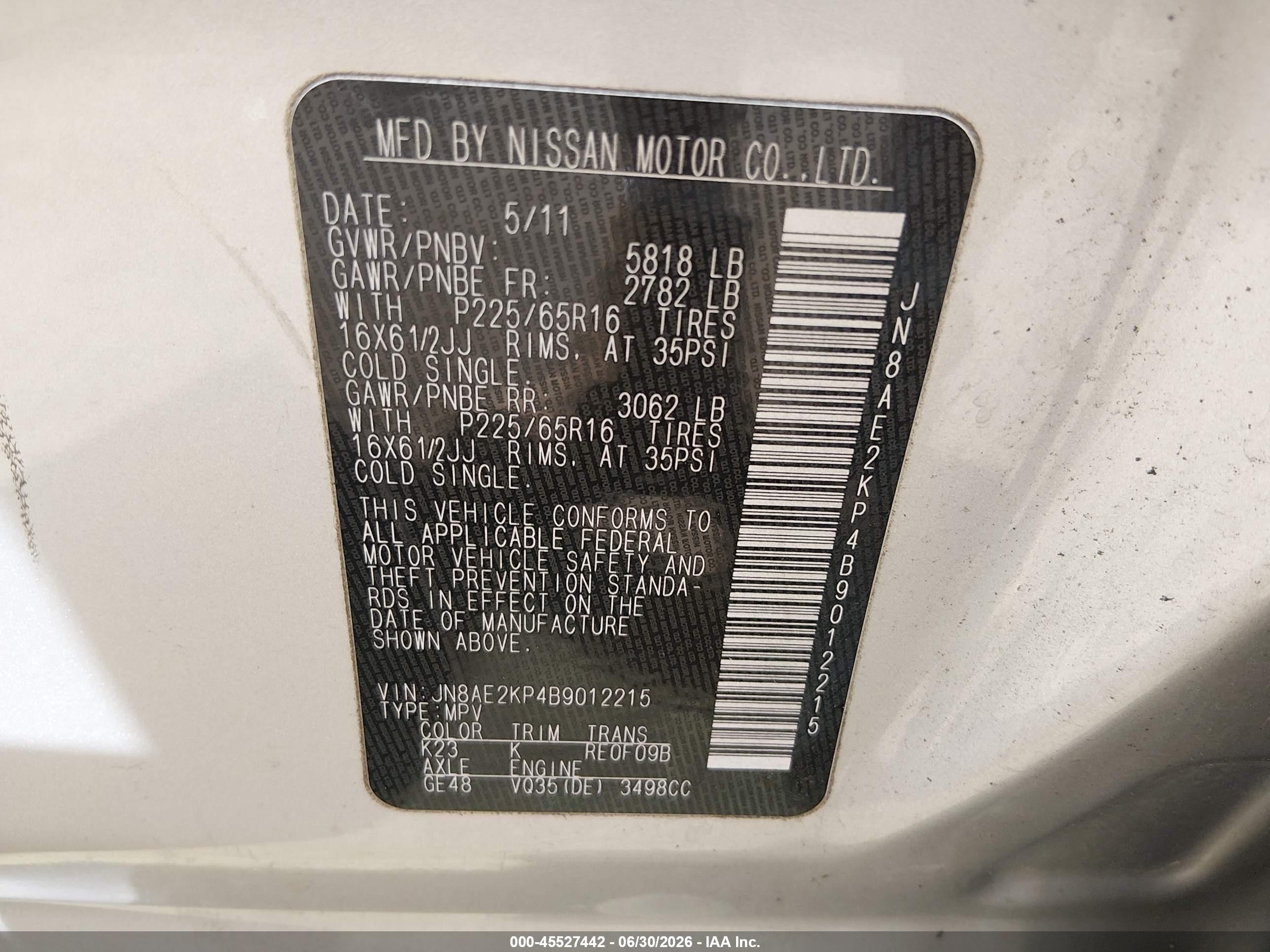 2011 Nissan Quest S Silver vin: JN8AE2KP4B9012215