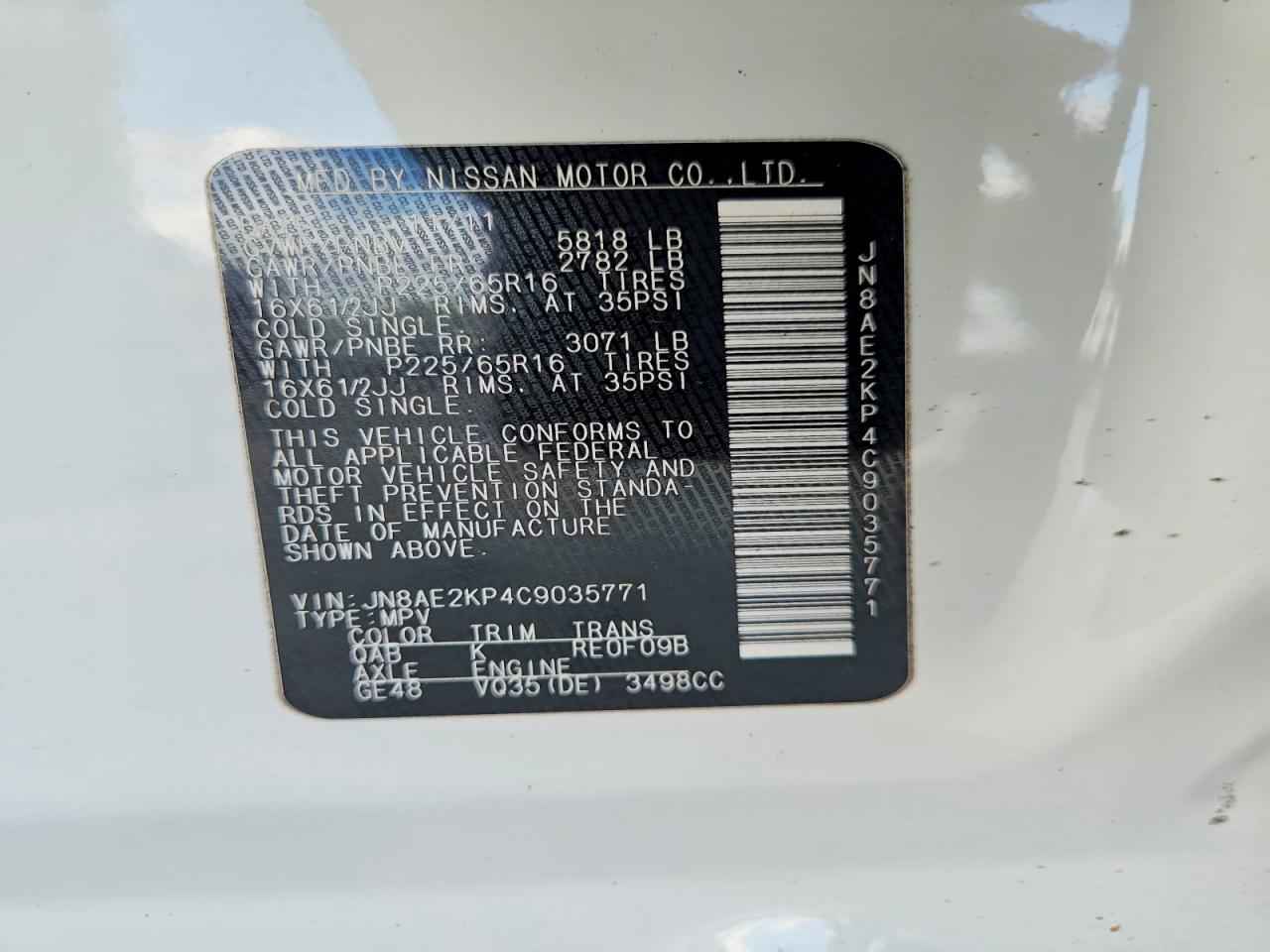 2012 Nissan Quest 3.5 S White vin: JN8AE2KP4C9035771