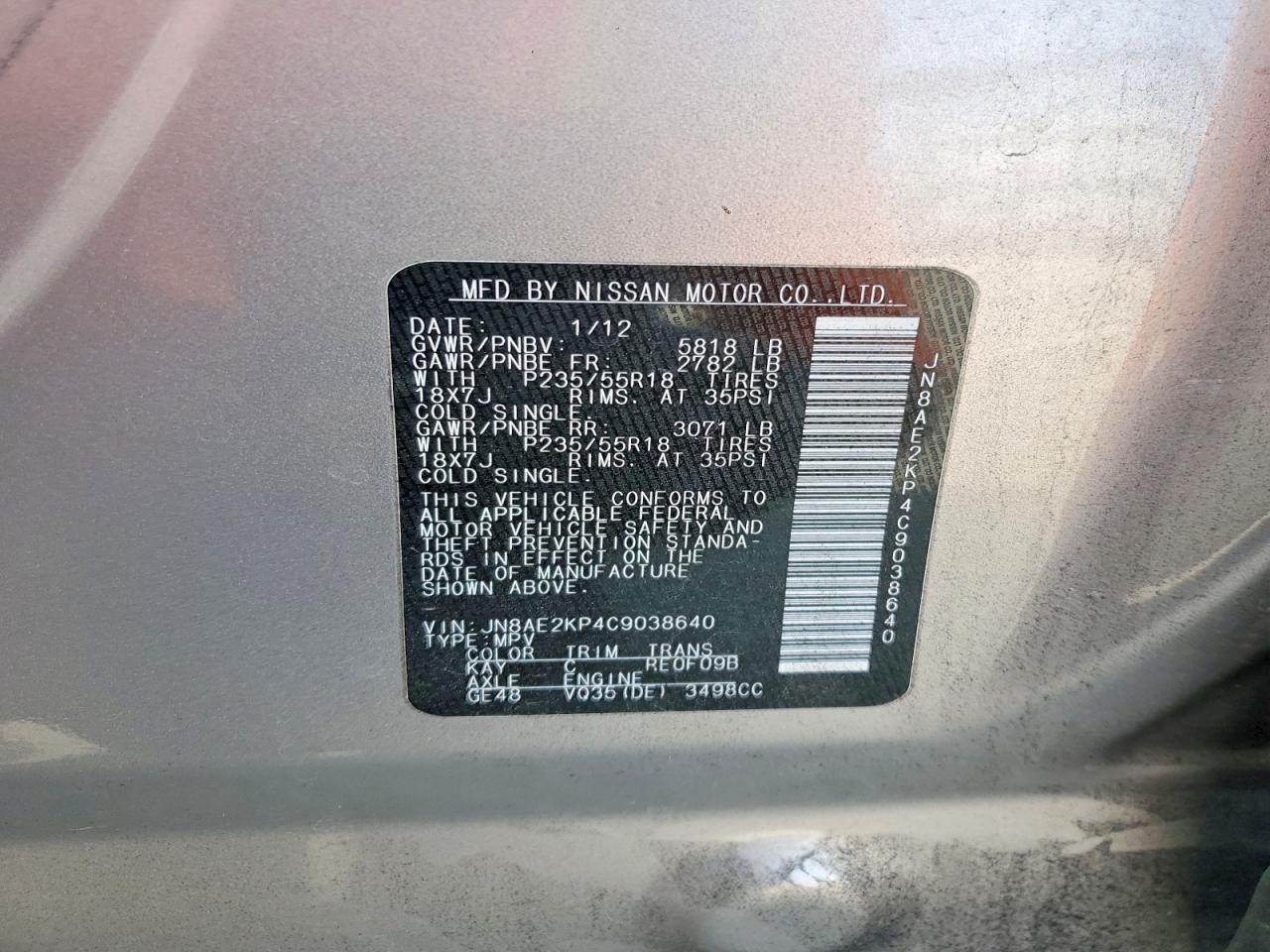 2012 Nissan Quest 3.5 S Silver vin: JN8AE2KP4C9038640