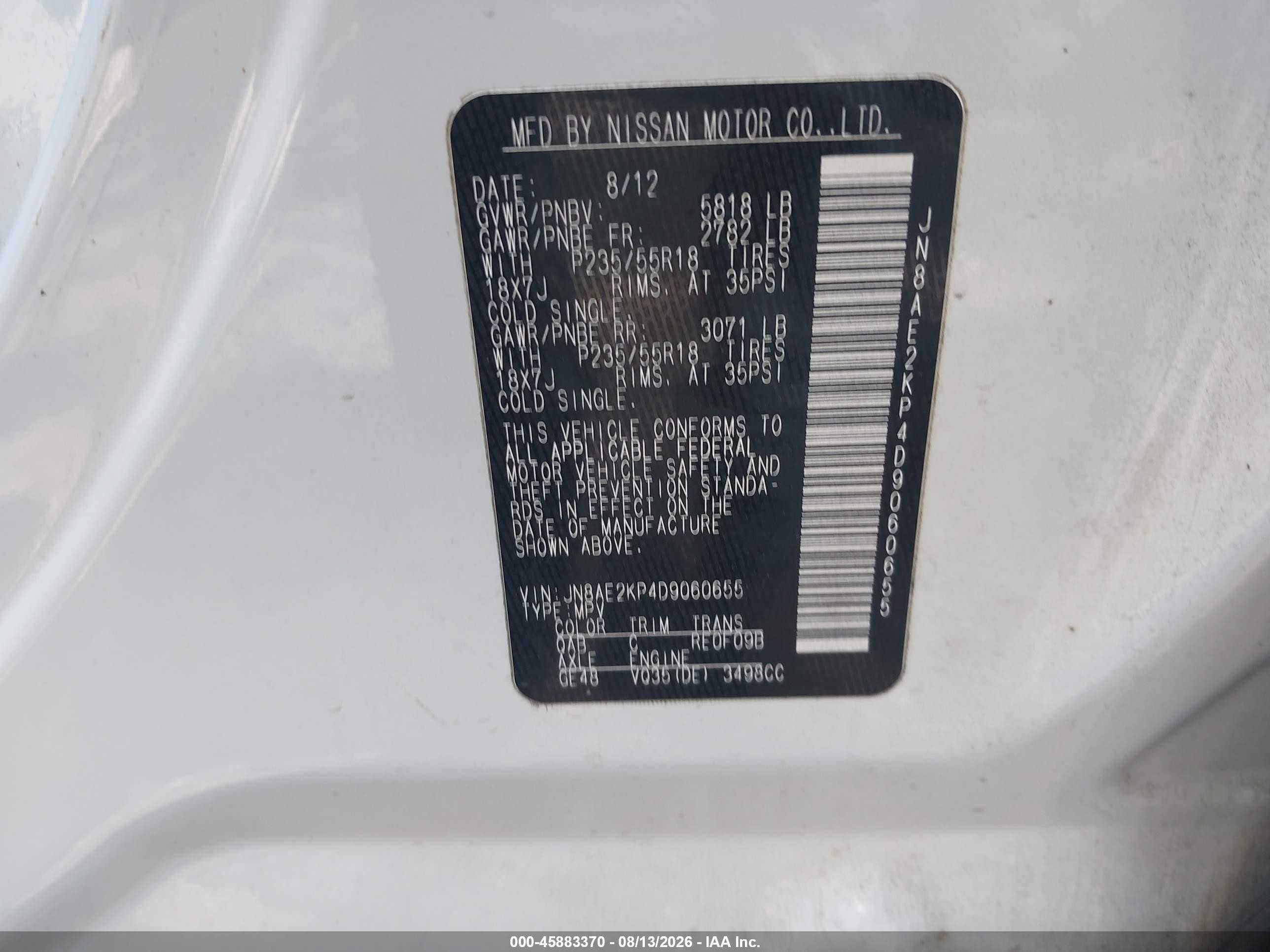 2013 Nissan Quest Le Белый vin: JN8AE2KP4D9060655