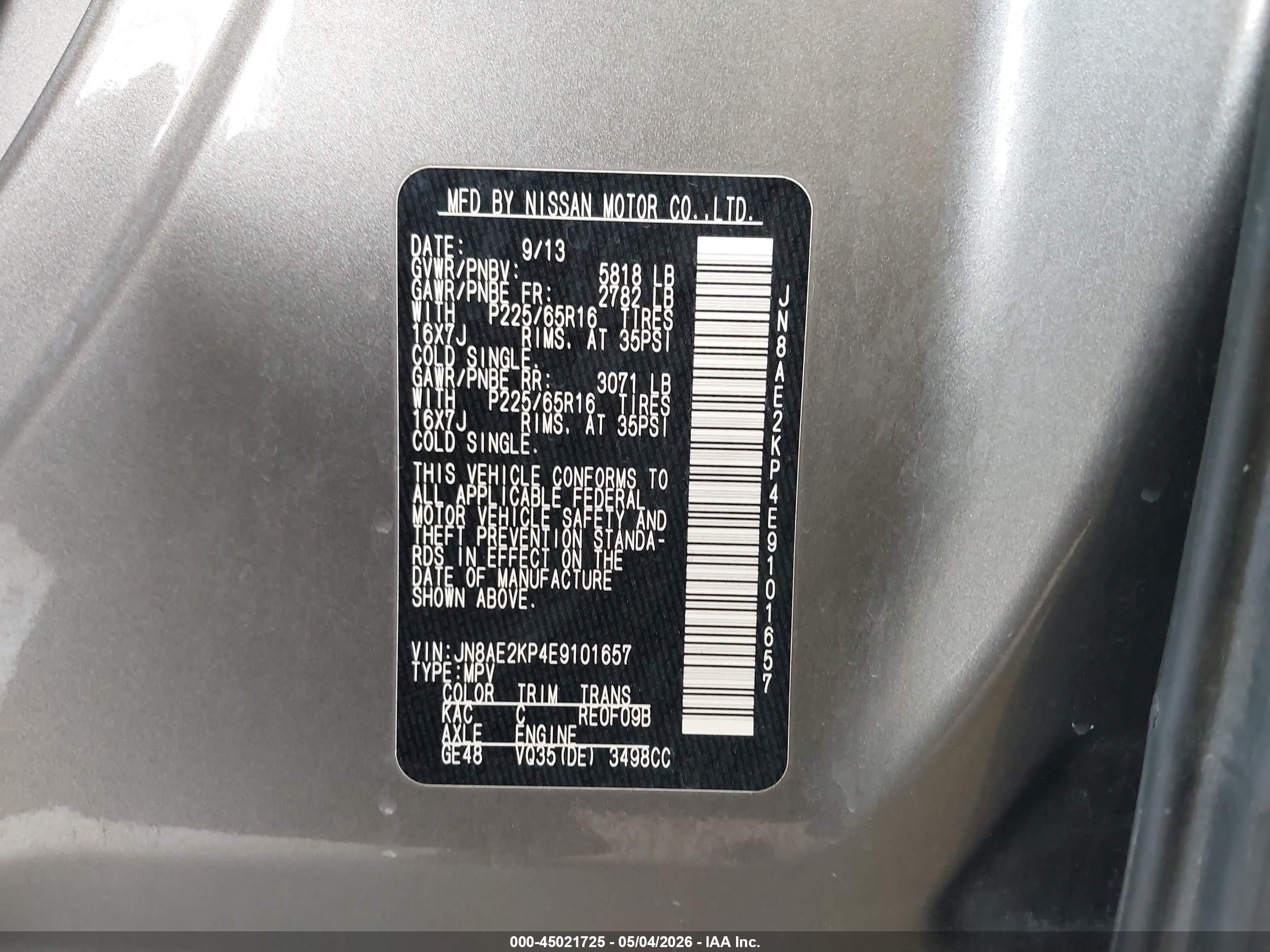 2014 Nissan Quest Sv Gray vin: JN8AE2KP4E9101657