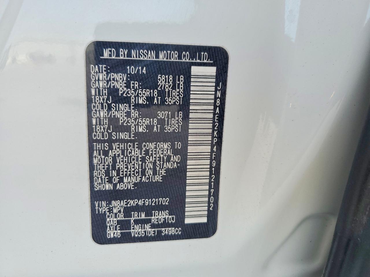 2015 Nissan Quest 3.5 Sl Белый vin: JN8AE2KP4F9121702