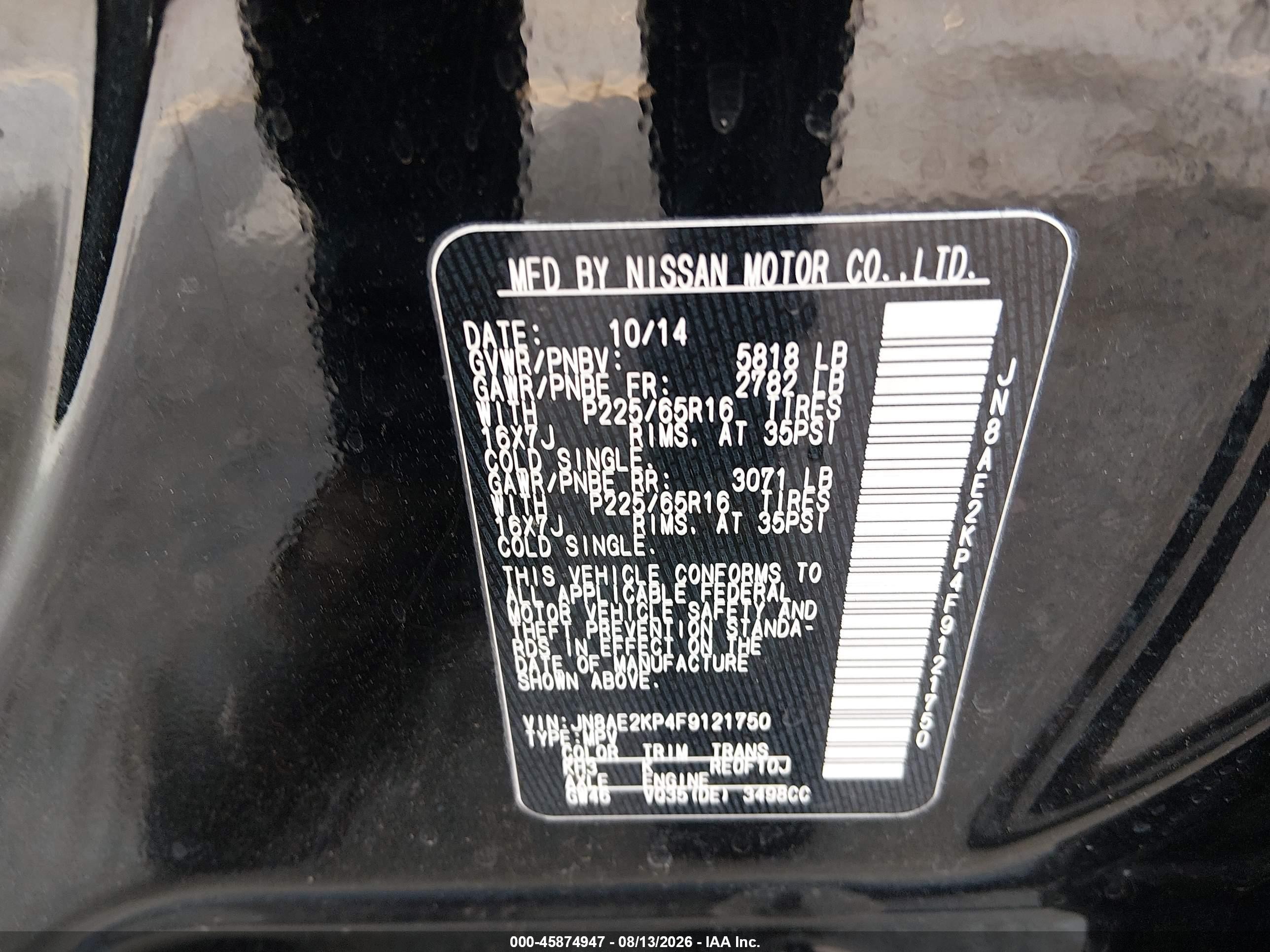 2015 Nissan Quest Platinum/s/sl/sv Black vin: JN8AE2KP4F9121750