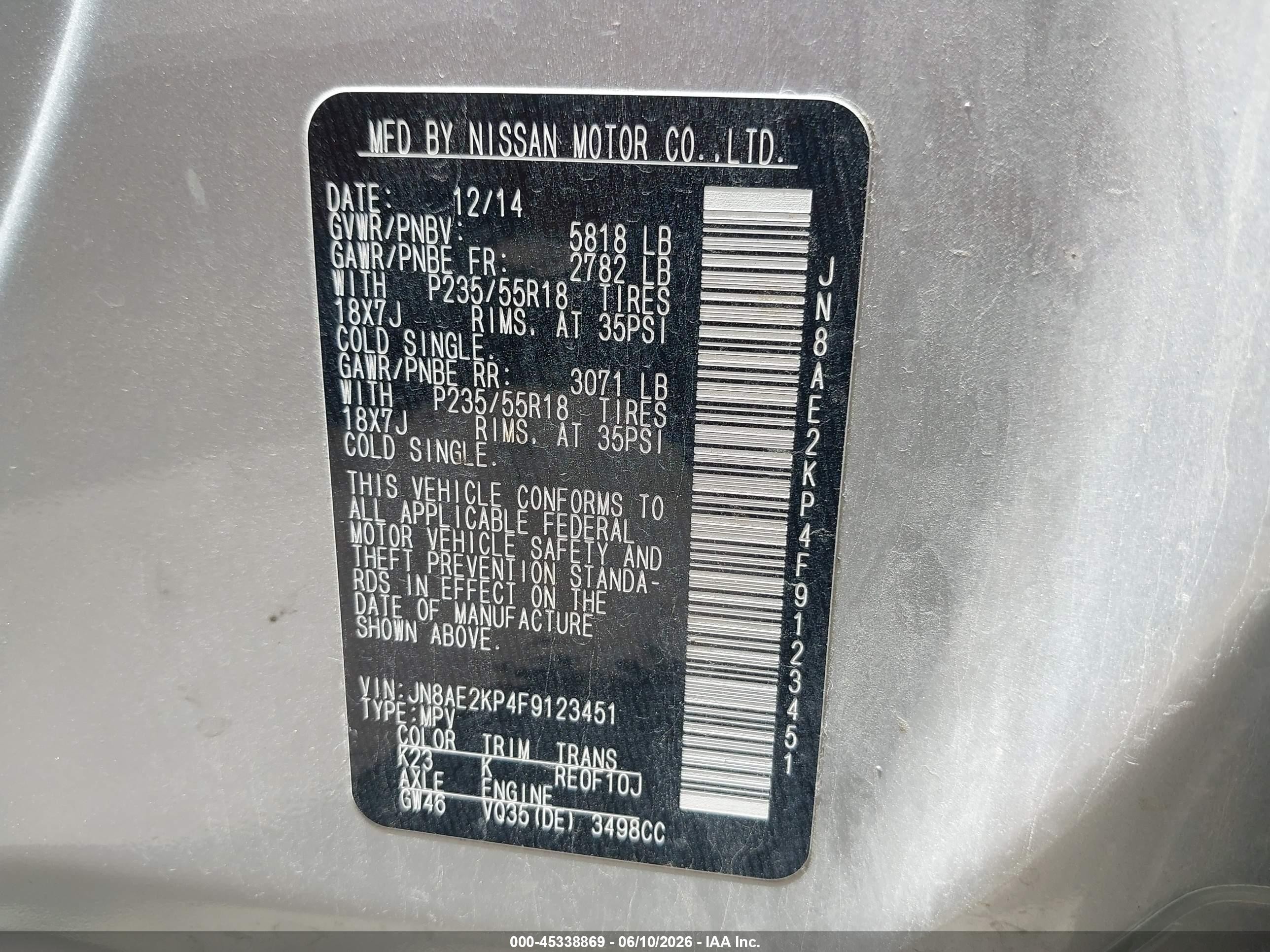 2015 Nissan Quest Sl Silver vin: JN8AE2KP4F9123451
