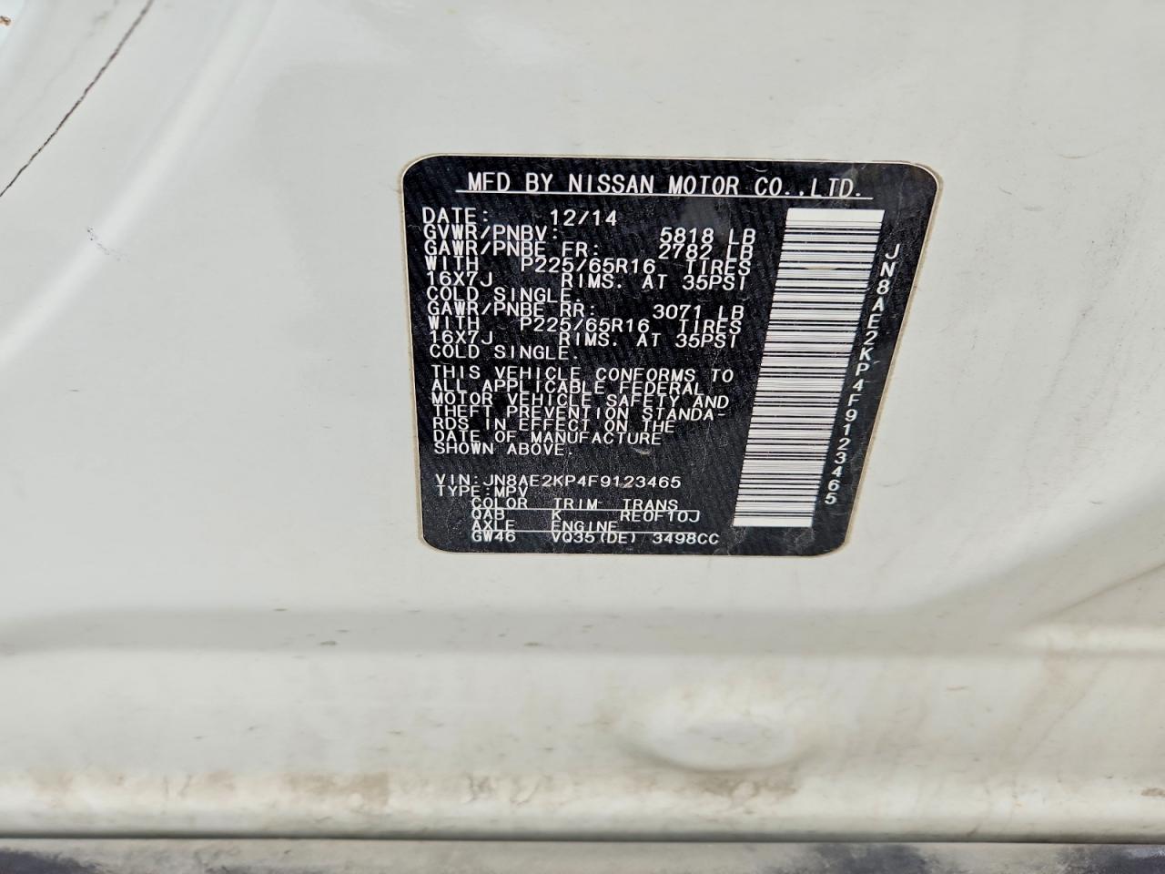 2015 Nissan Quest 3.5 Sv Beige vin: JN8AE2KP4F9123465