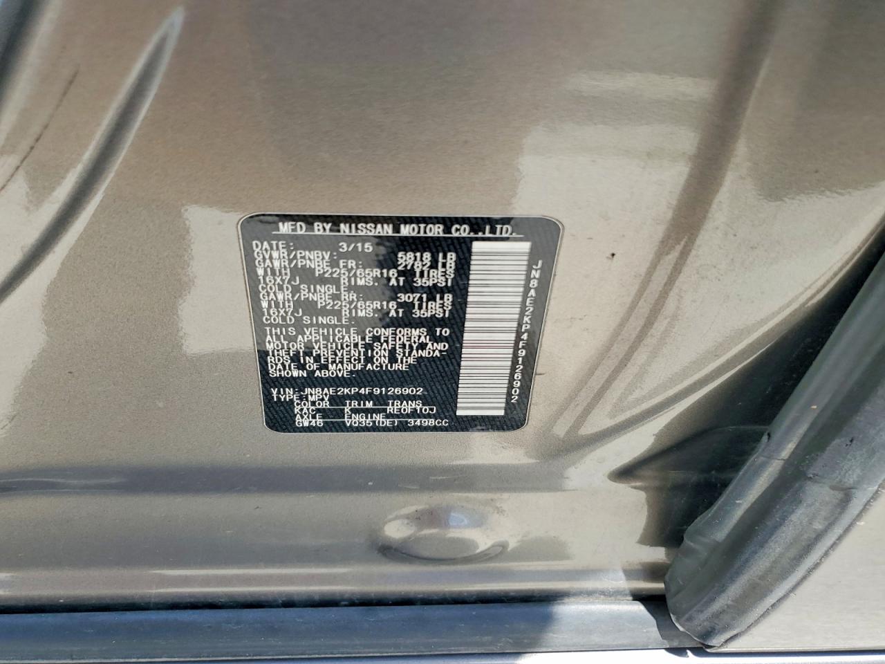 2015 Nissan Quest 3.5 Sv Серый vin: JN8AE2KP4F9126902