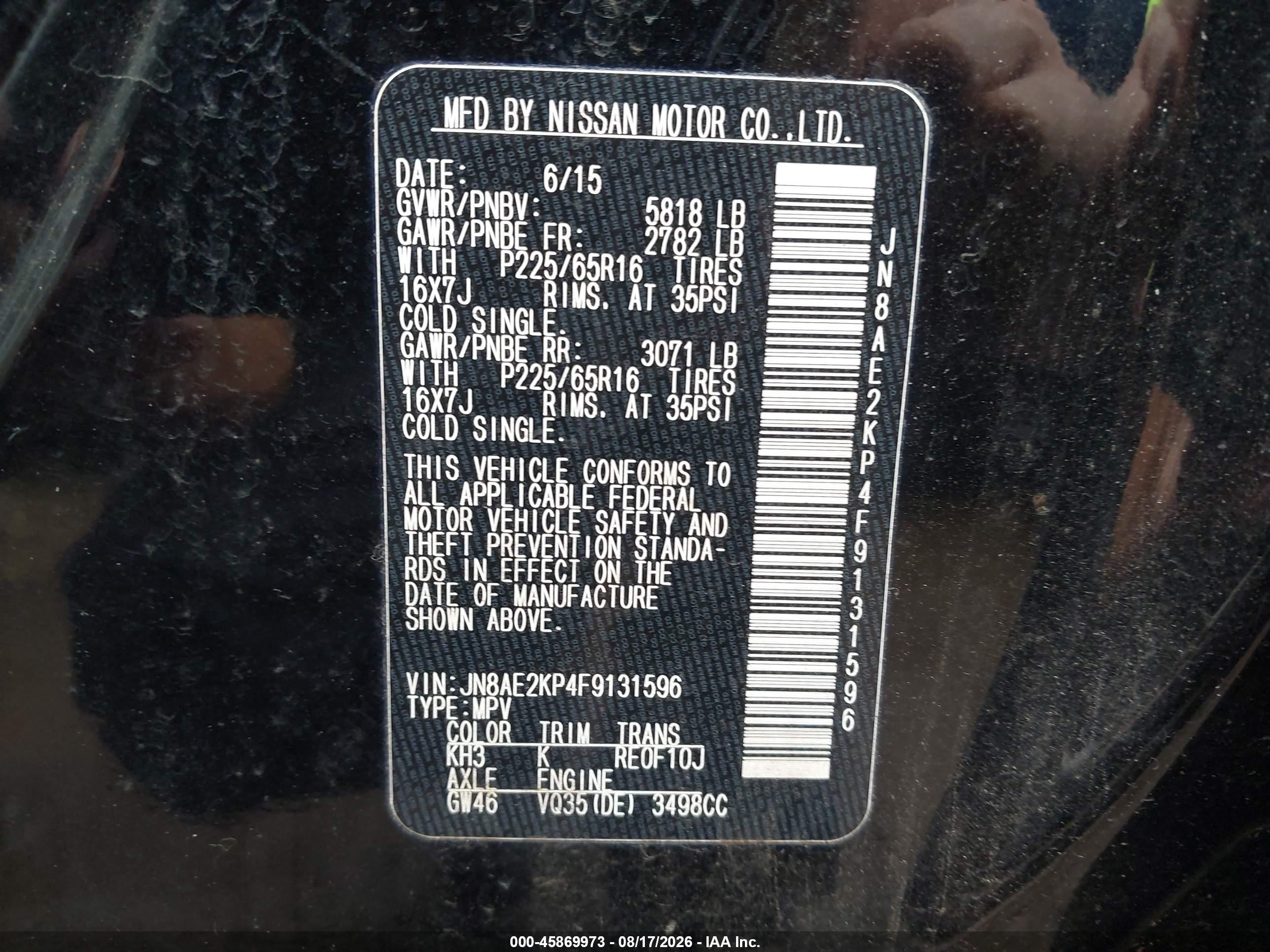 2015 Nissan Quest Sv Black vin: JN8AE2KP4F9131596