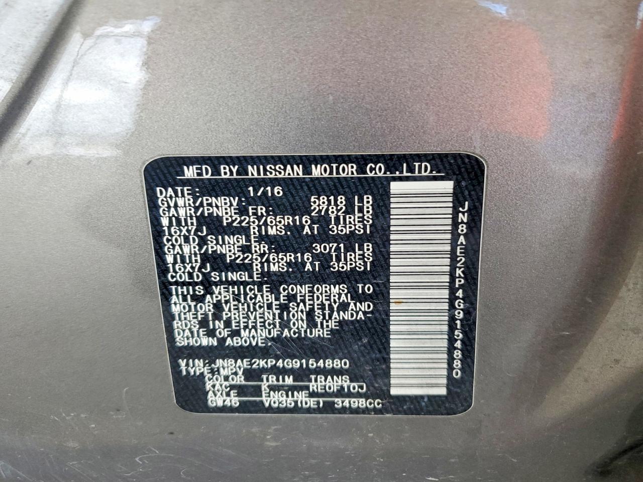 2016 Nissan Quest 3.5 Sv Gray vin: JN8AE2KP4G9154880