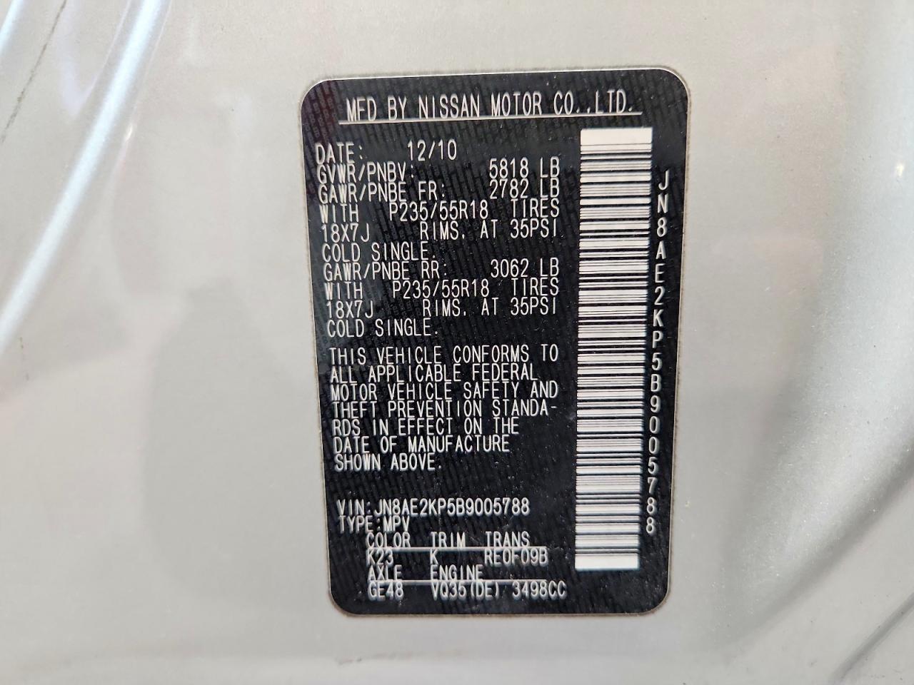 2011 Nissan Quest 3.5 S Silver vin: JN8AE2KP5B9005788